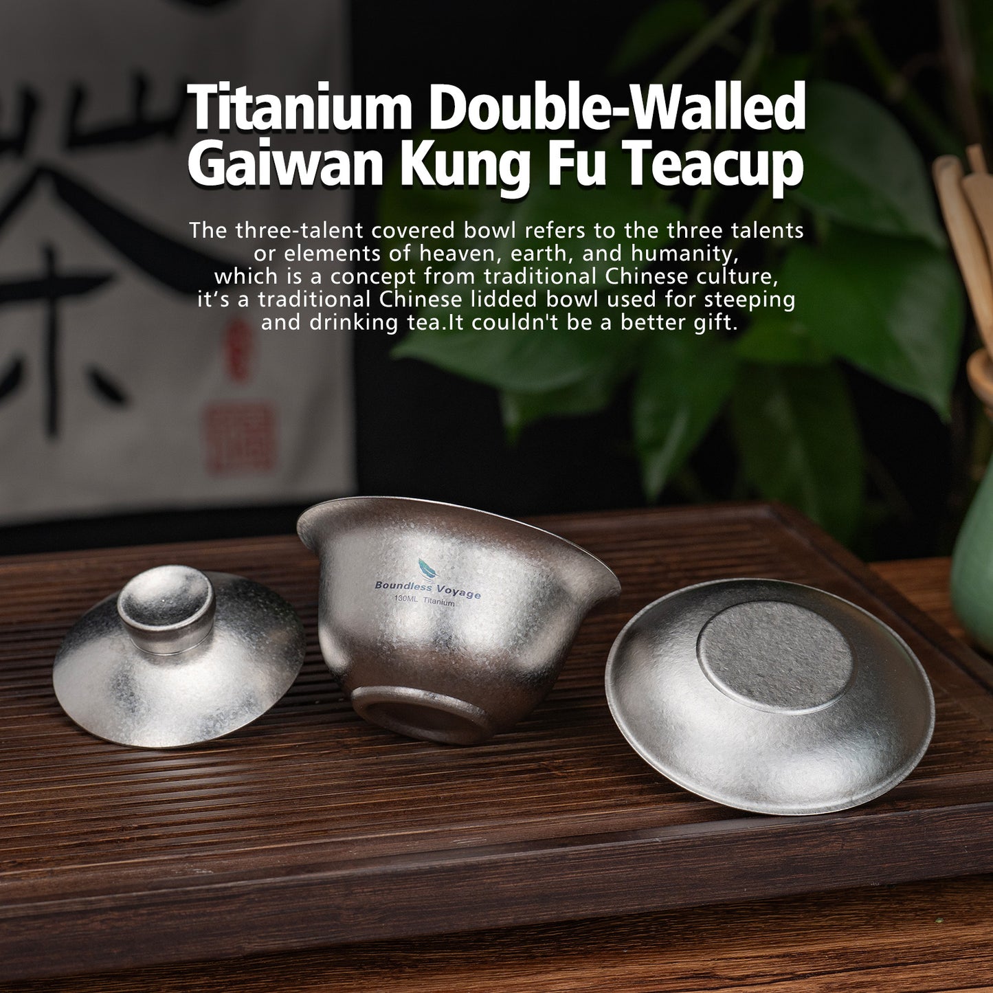 Boundless Voyage 130ml Crystallized Titanium Gaiwan Set | Ultralight 121g Chinese Kung Fu Tea Bowl | Double-Walled Anti-Scald Teacup with Lid & Saucer