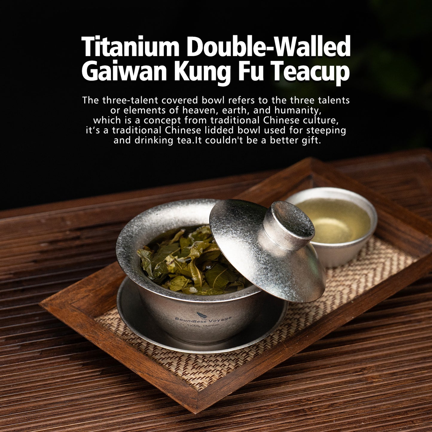 Boundless Voyage 130ml Crystallized Titanium Gaiwan Set | Ultralight 121g Chinese Kung Fu Tea Bowl | Double-Walled Anti-Scald Teacup with Lid & Saucer