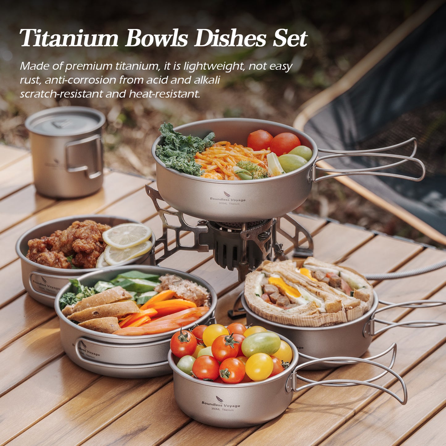 Boundless Voyage Titanium Bowls & Plates Set – 5-Piece Ultralight Folding-Handle Camping Tableware (350/500/600/700/800ml)