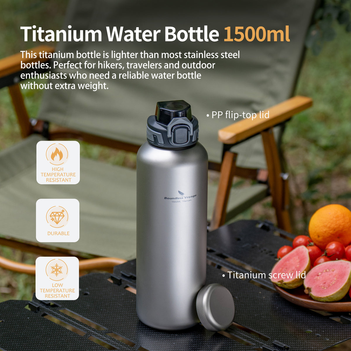 Boundless Voyage 1500ml Titanium Water Bottle – Lightweight Leak-Proof 1.5L Bottle with 2 Lids for Camping, Hiking, Travel & Gym