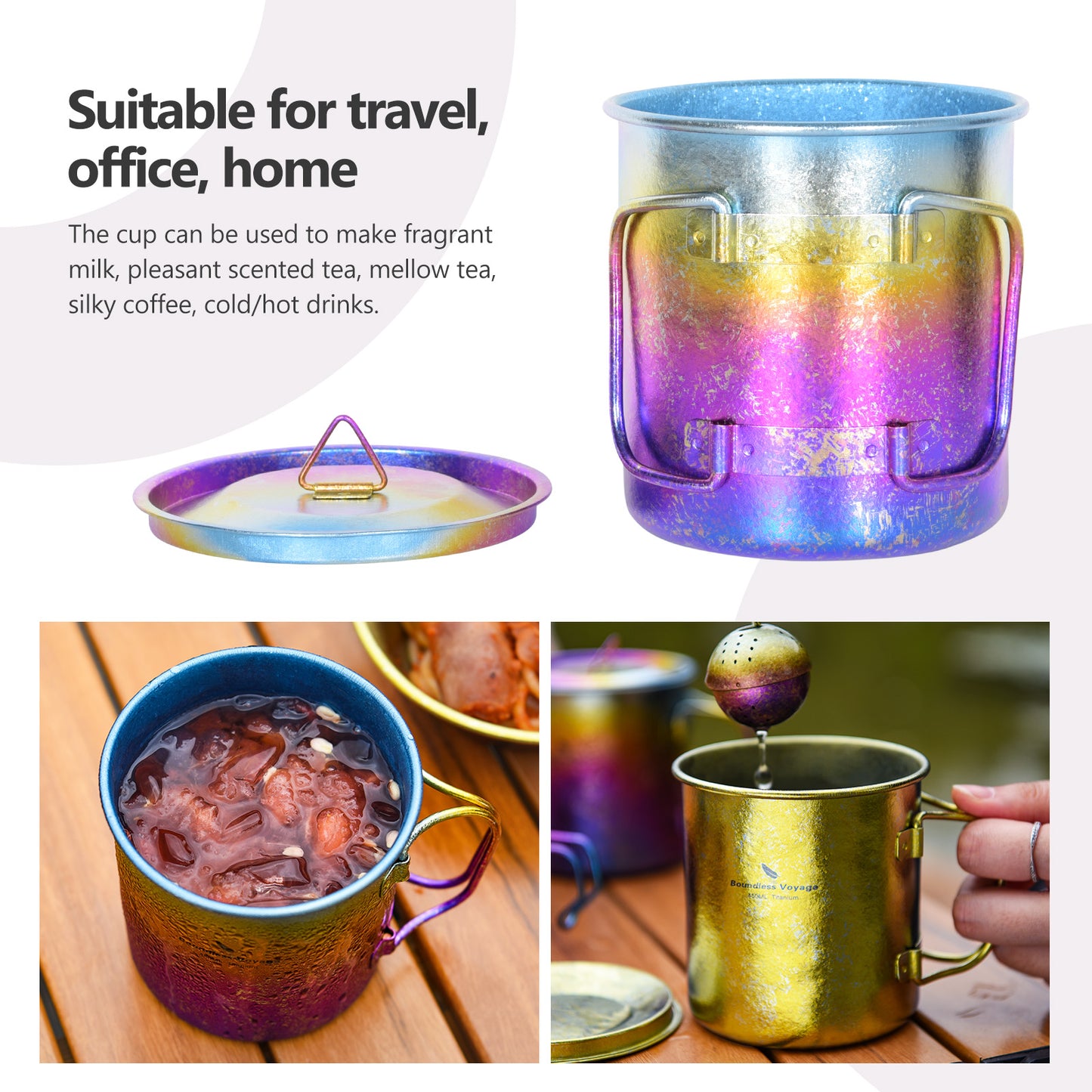 Boundless Voyage Outdoor Titanium  Colorful Cup 450ml Camping Mug Foldable Handle Outdoor Hiking Ultralight Portable Water Coffee Tea Cup