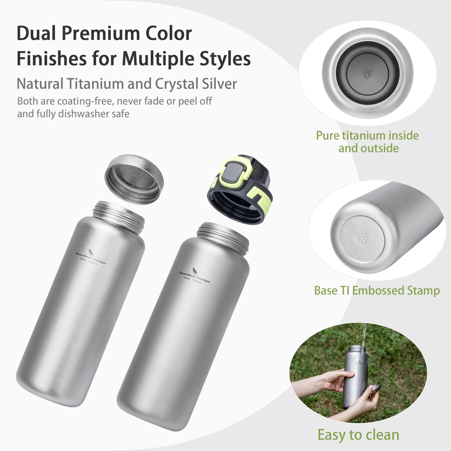 Boundless Voyage 950ml Titanium Water Bottle with Lids – TA1 Ultralight Wide Mouth Canteen for Hiking, Camping & Travel