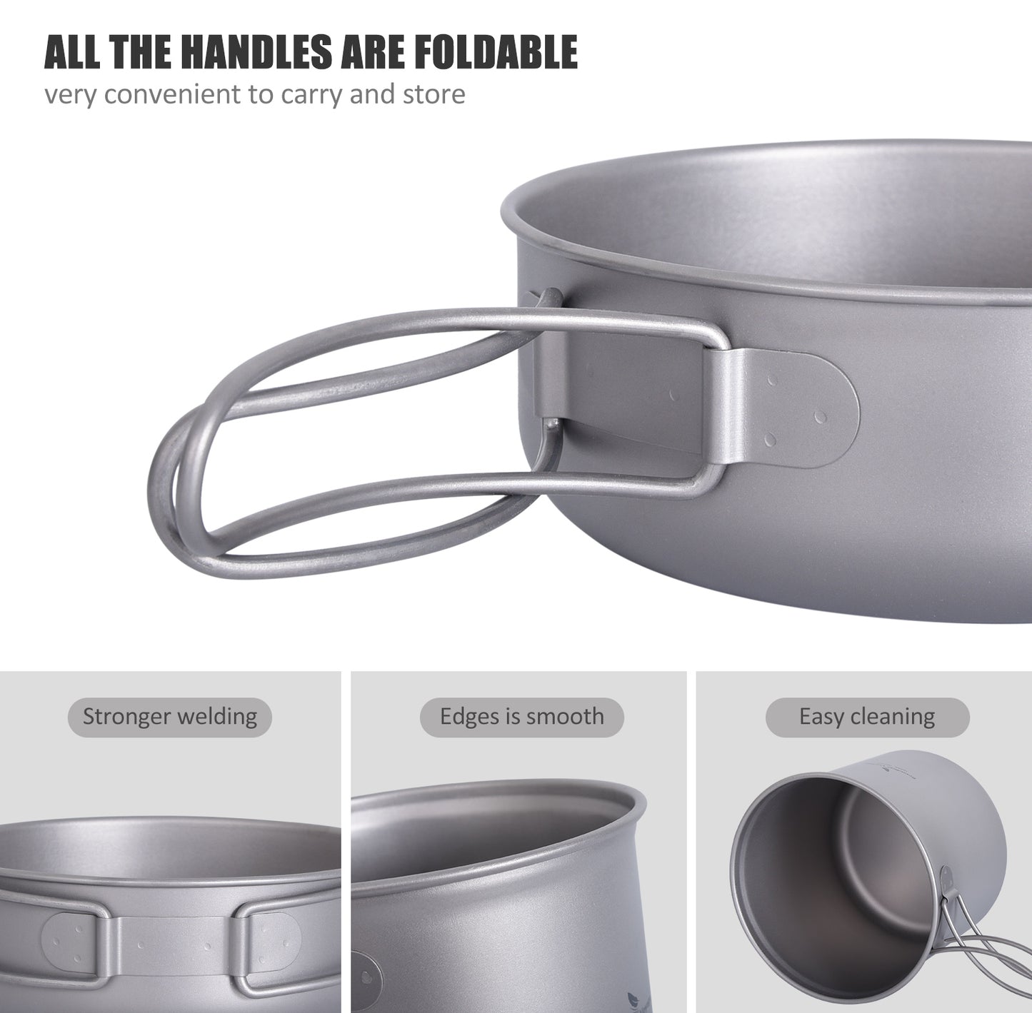 Boundless Voyage Titanium Pot Pan Set 400ml+500ml+1100ml+1500ml– Ultralight Camping Cookware (1100ml / 1500ml), Nesting TA1 Titanium Mug Plate Set for Backpacking & Hiking