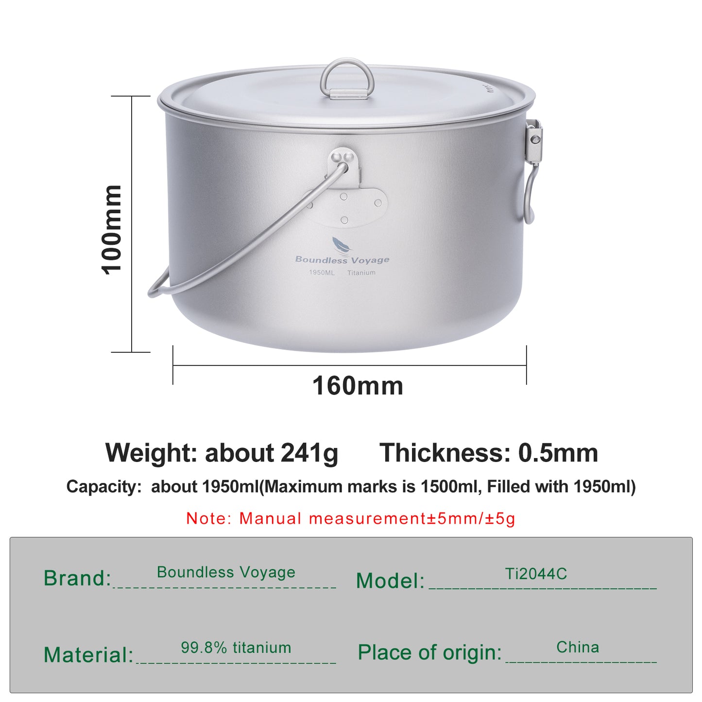 Boundless Voyage 1950ml TA1 Titanium Hanging Pot – Ultralight Campfire Cooking Pot for Camping, Backpacking & Outdoor Bushcraft