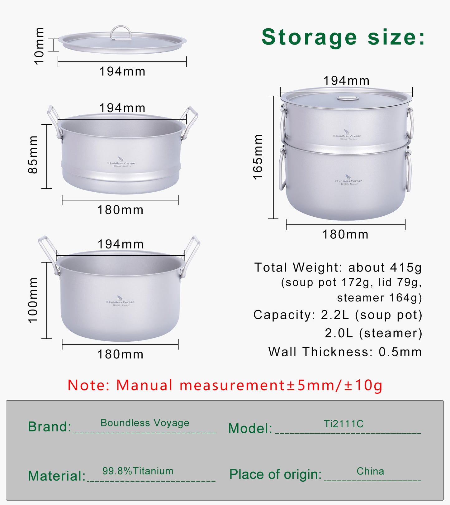 Boundless Voyage Titanium Pot with Steamer 2.2L +1.8L – Ultralight Multifunctional Camping Cookware with Steamer & Lid, TA1 Titanium Outdoor Cooking Kit for Camping, Hiking & Travel