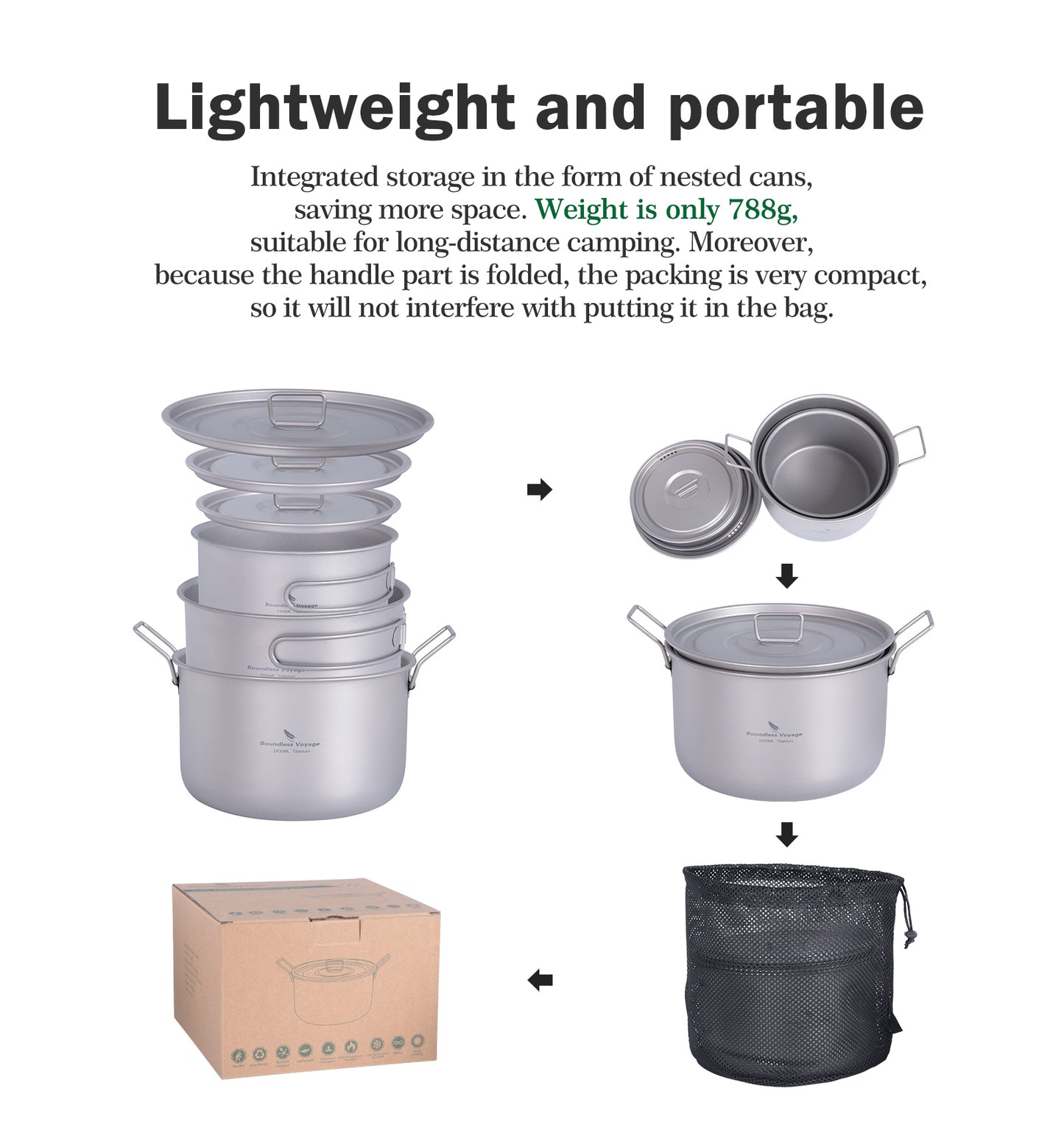 Boundless Voyage Titanium 3pcs Camping Cookware Mess Kit, Camping Cooking Set,  Portable Nonstick Camp Pots Set 1.4L 1.6L 2.4L for Outdoor Camping