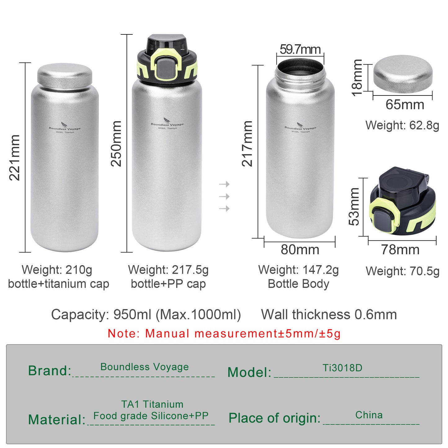 Boundless Voyage 950ml Titanium Water Bottle with Lids – TA1 Ultralight Wide Mouth Canteen for Hiking, Camping & Travel