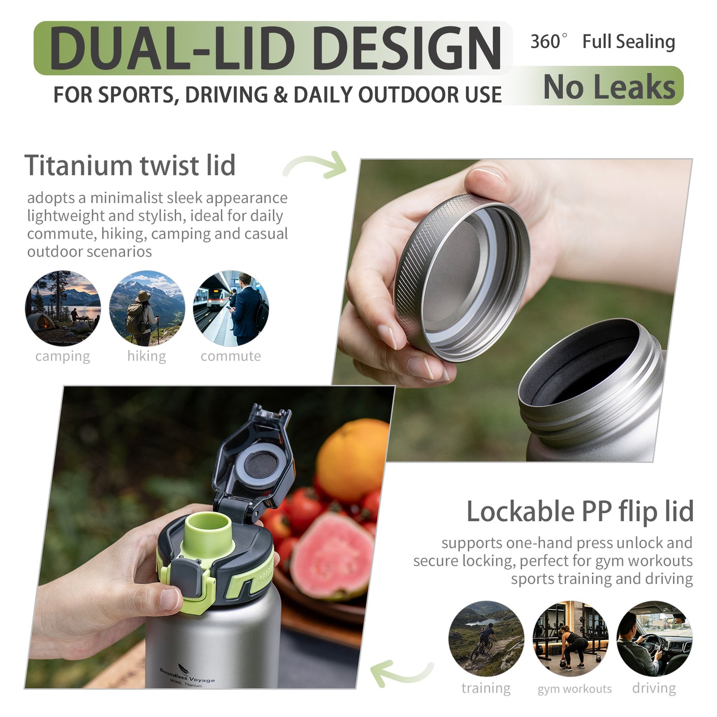 Boundless Voyage 950ml Titanium Water Bottle with Lids – TA1 Ultralight Wide Mouth Canteen for Hiking, Camping & Travel