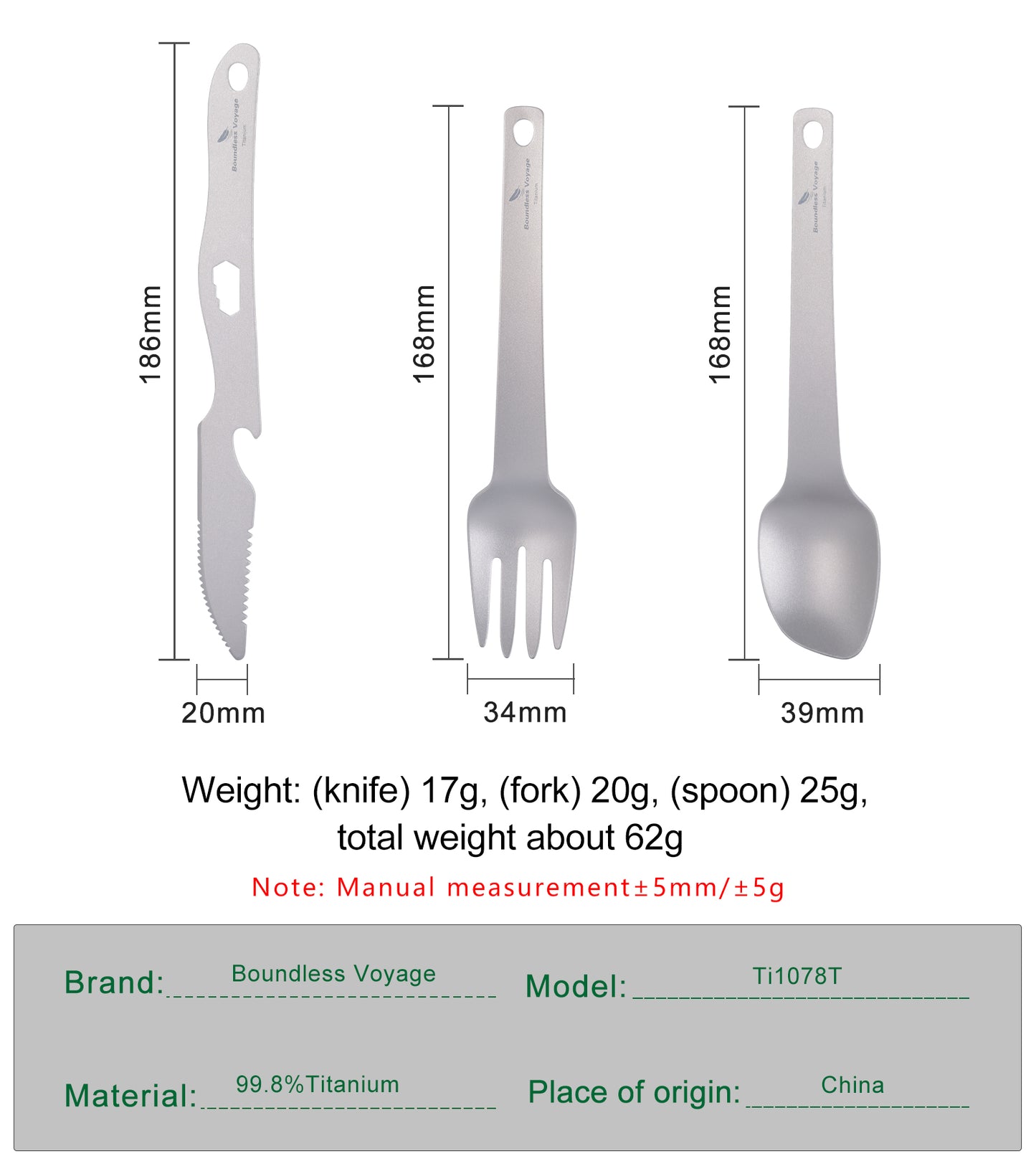 Boundless Voyage Titanium Cutlery Set Ultralight Utility Flatware Utensil 3 Pcs Set Spoon Fork Knife for Home Use Travel Camping