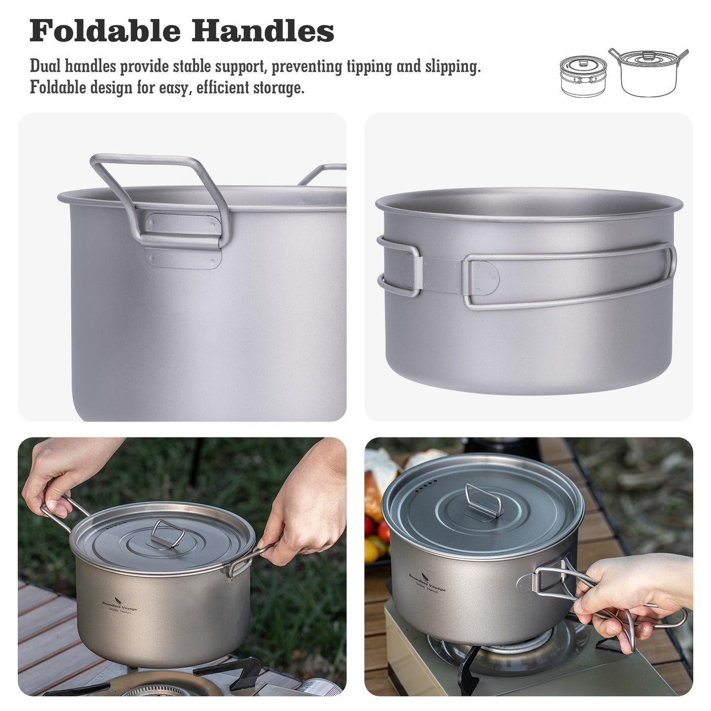 Boundless Voyage Lightweight 1200ml Titanium Pot Outdoor Portable Cooking Set hiking Backpacking Pot for Hiking Trekking Picnic Fishing Mountaineering