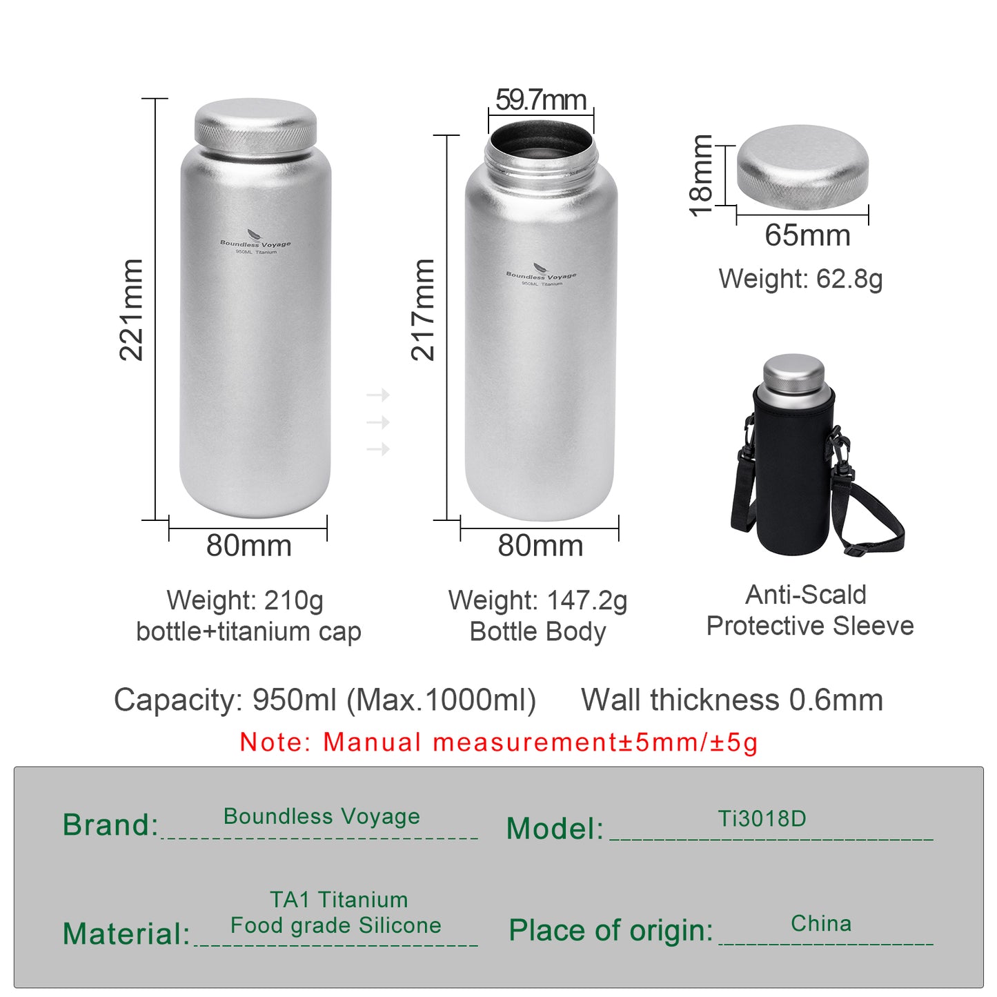 Boundless Voyage 950ml Titanium Water Bottle with Lids – TA1 Ultralight Wide Mouth Canteen for Hiking, Camping & Travel