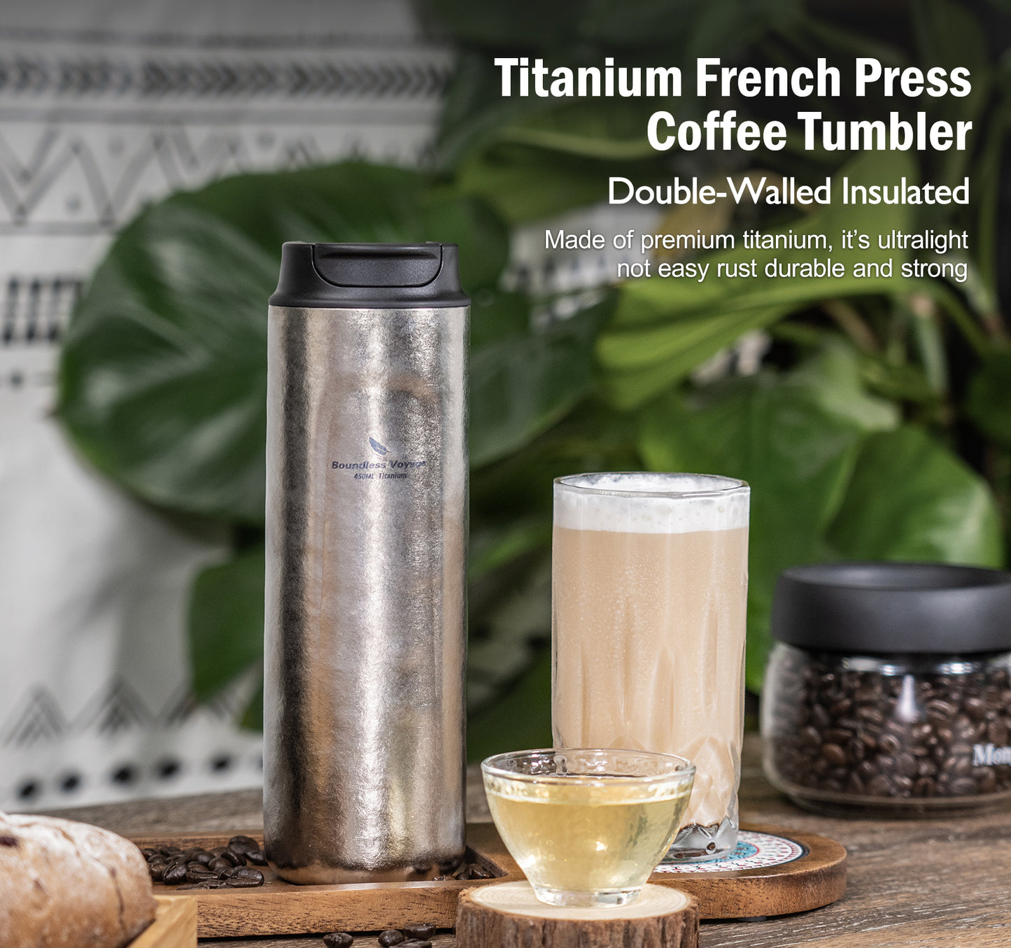 Boundless Voyage Titanium French Press Coffee Tumbler Thermos with Lid Double-Walled Insulated Water Bottle Mug 450ml