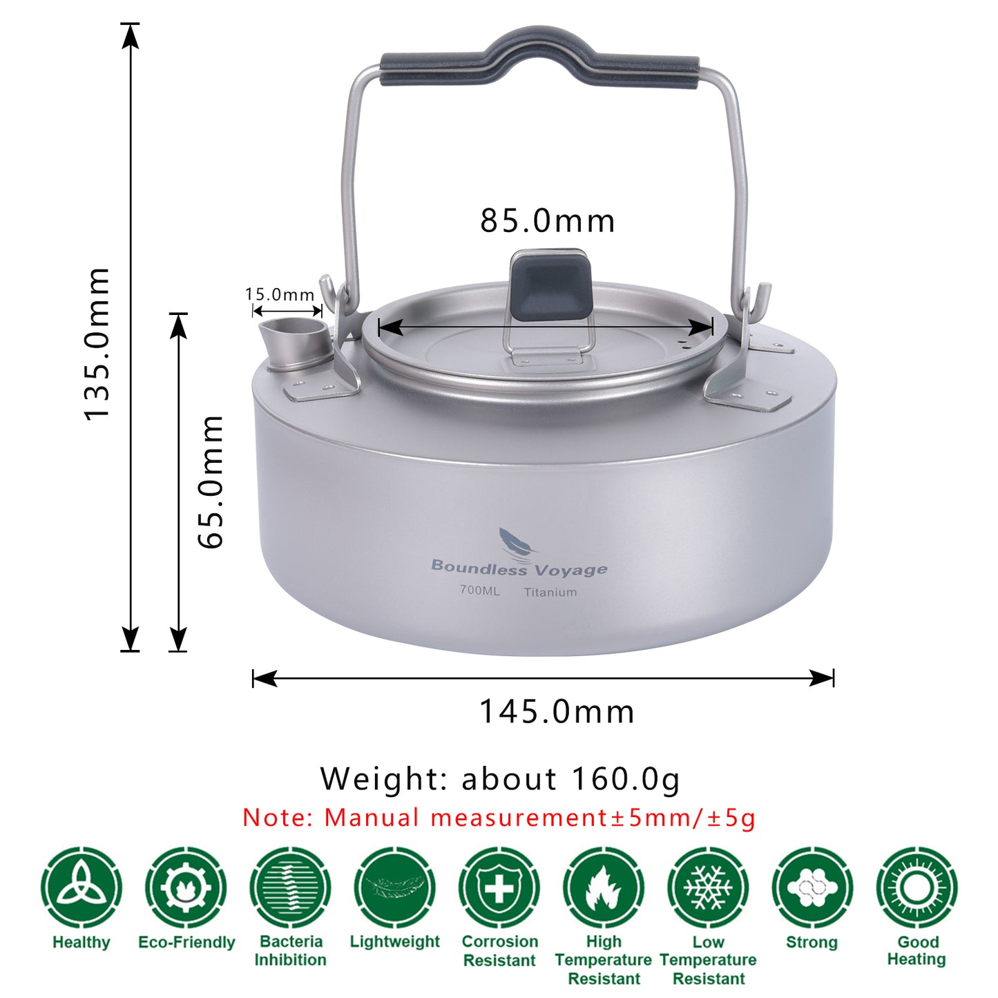 Boundless Voyage 700ml Titanium Camping Kettle – Ultralight Teapot with Folding Handle for Outdoor Cooking & Boiling Water
