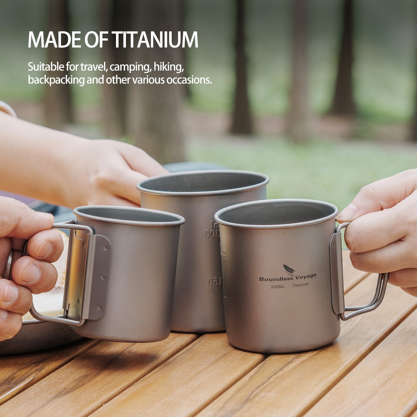 Boundless Voyage 3-Piece Ultralight Titanium Nesting Cup Set | 200/300/450ml Stackable Camping Mug Kit