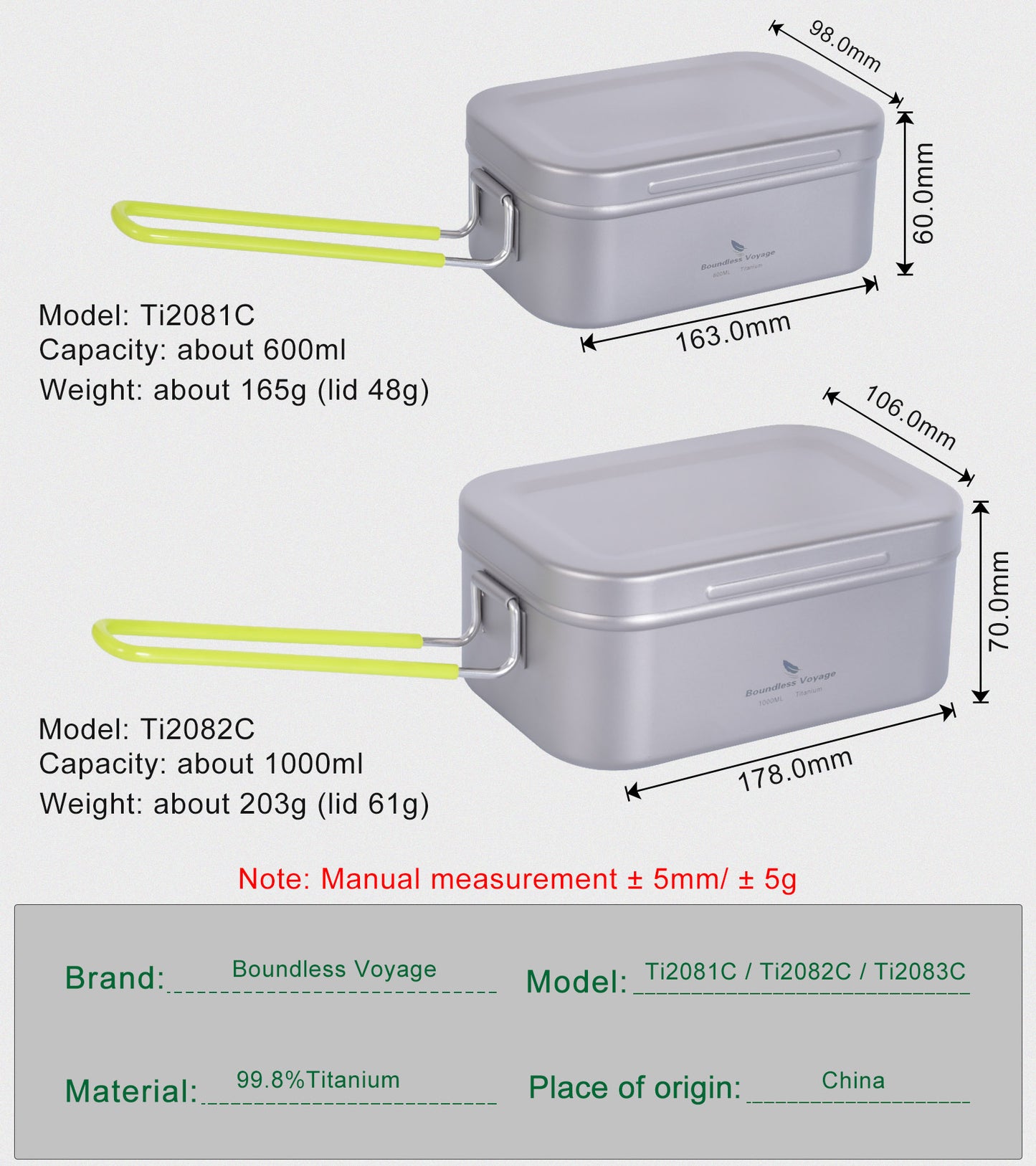 Boundless Voyage Titanium Mess Tin with Lid Anti-scalding Handle Outdoor Camping Tableware Cookware Lunch Box Bowl Pan 1000ML