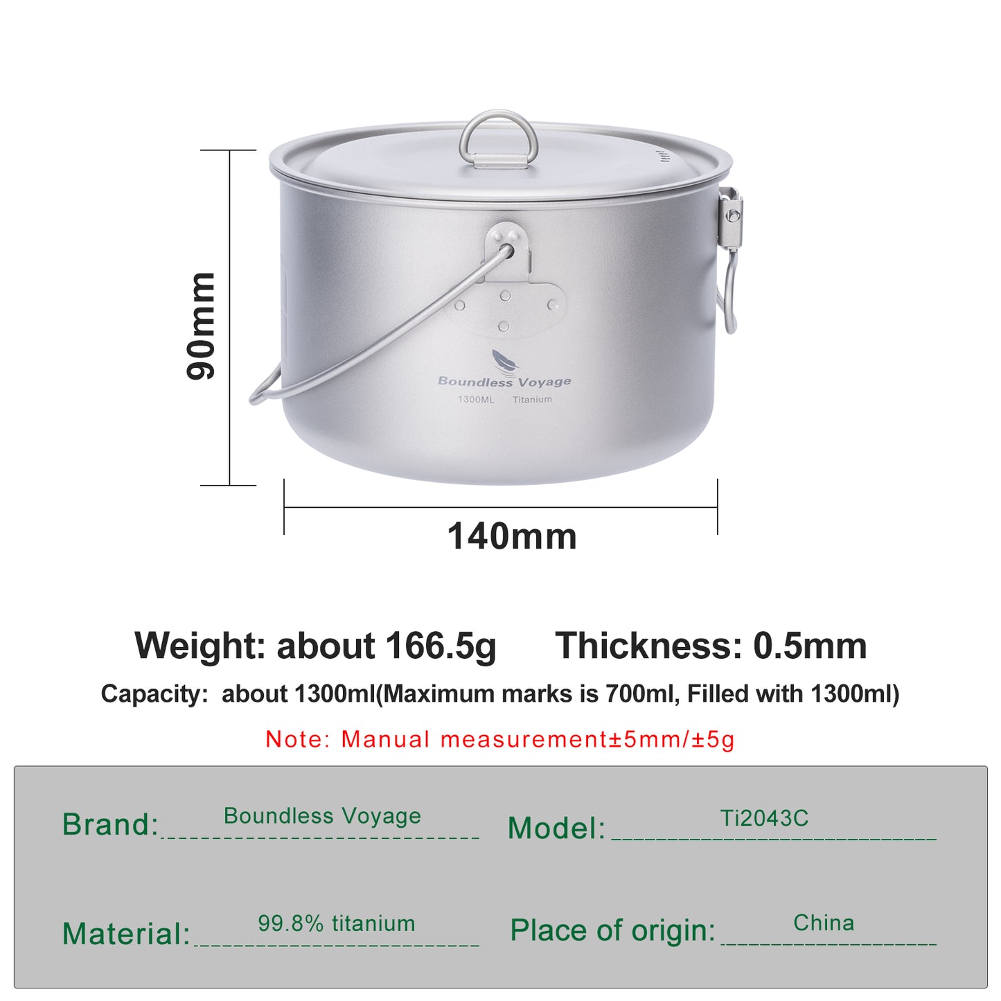 Boundless Voyage 1300ml TA1 Titanium Camping Pot with Lid – Ultralight Folding-Handle Cookware for Hiking, Picnic & Outdoor Soup Cooking