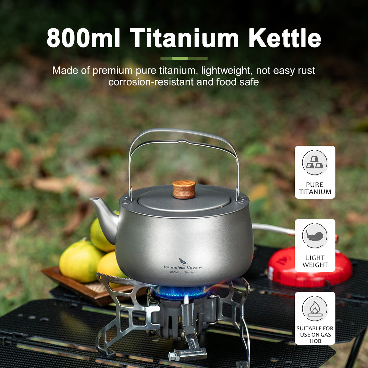 Boundless Voyage 800ml Titanium Camping Kettle – Ultralight Water Boiler with Folding Handle & Wooden Knob for Backpacking, Hiking & Outdoor Cooking