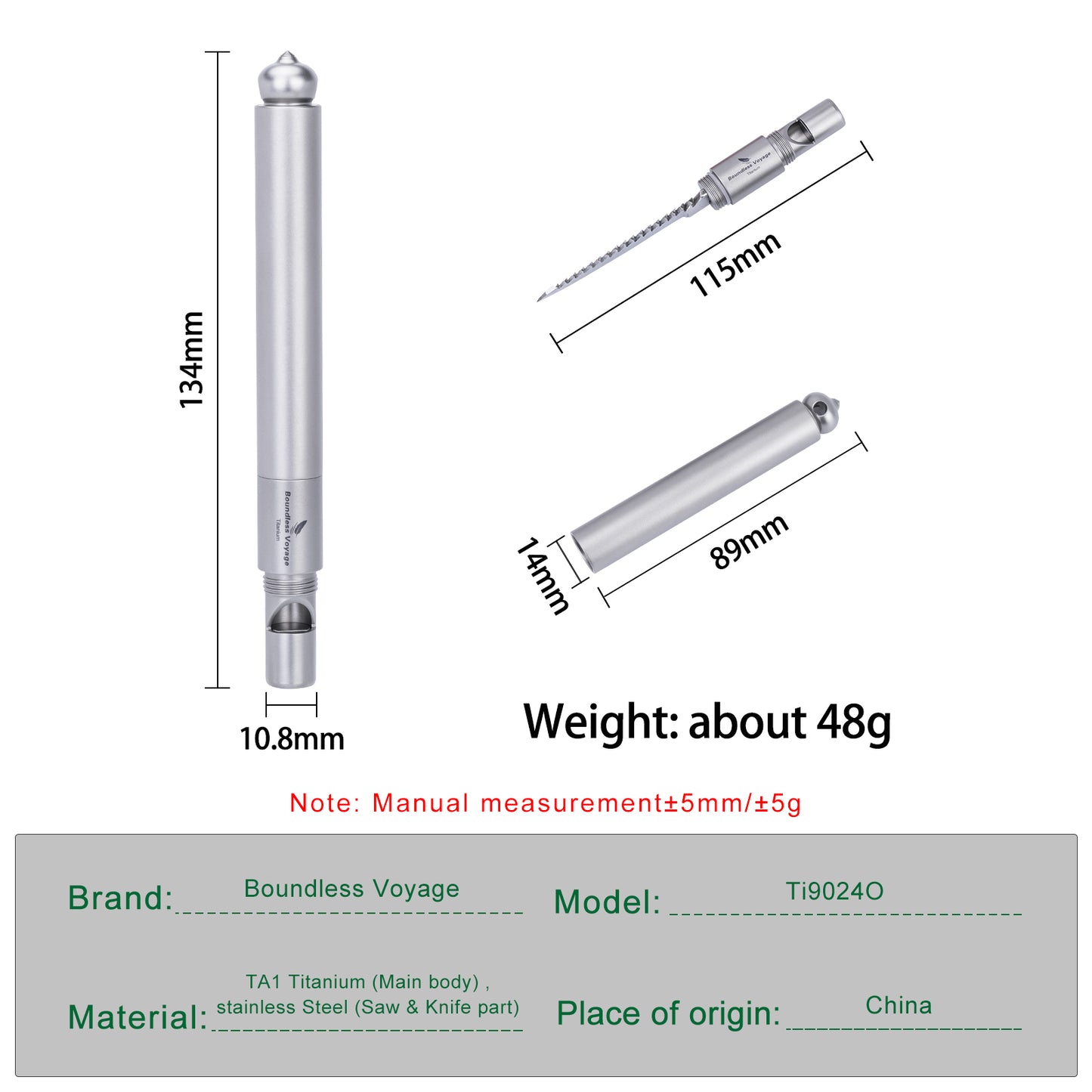 Boundless Voyage Titanium Survival Whistle 120dB – 4-in-1 EDC Emergency Tool with Knife, Saw & Awl for Camping, Hiking & Outdoor