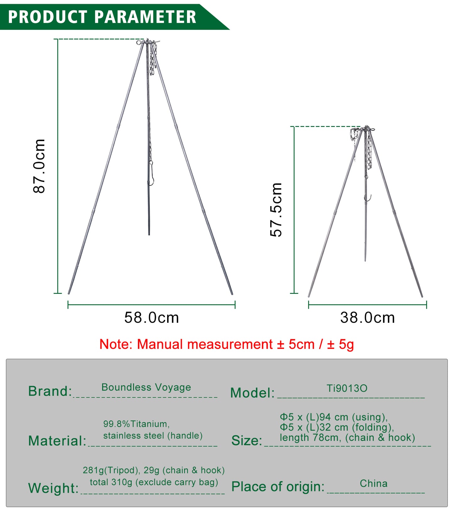 Boundless Voyage Titanium Adjustable Tripod Outdoor Camping Campfire Pot Kettle Grill Holder