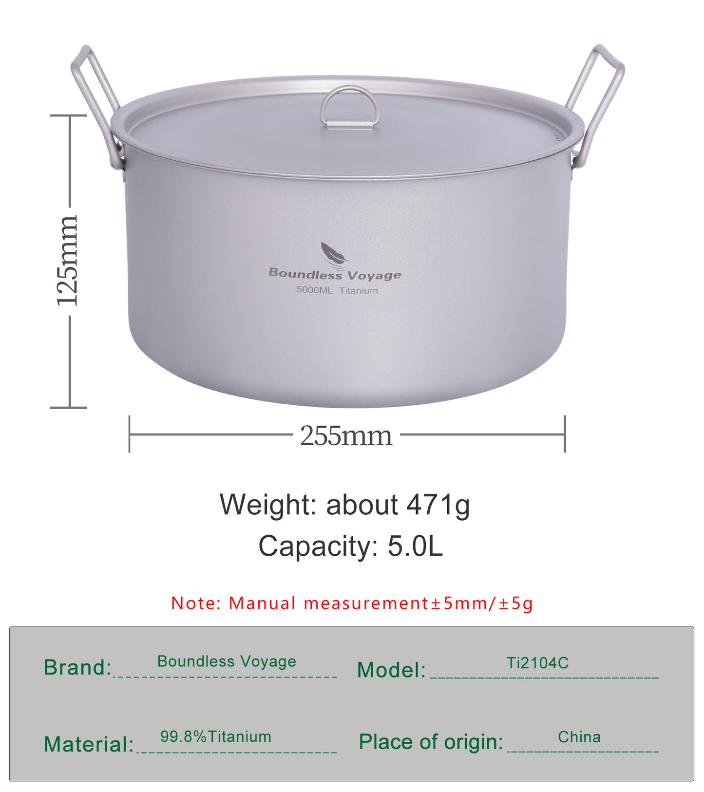 30PCS Ti2104C And Shipping Cost Boundless Voyage 5.0L Titanium Camping Pot with Lid