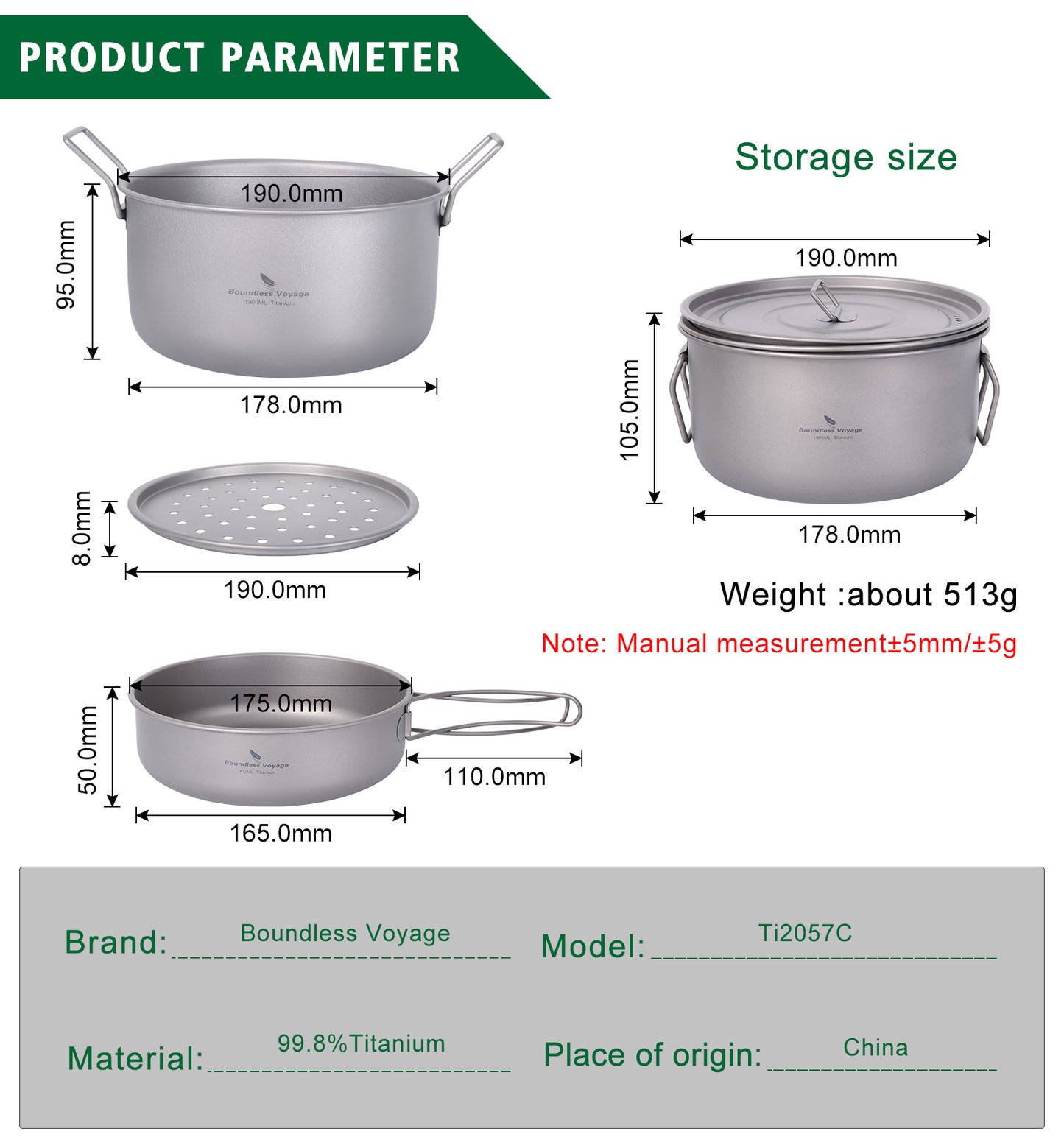 Boundless Voyage Titanium Camping Cookware Set 1900ml+900ml with Steamer – Multifunctional Pot, Frying Pan & Lid Kit, Ultralight Outdoor Cooking System for Hiking & Backpacking