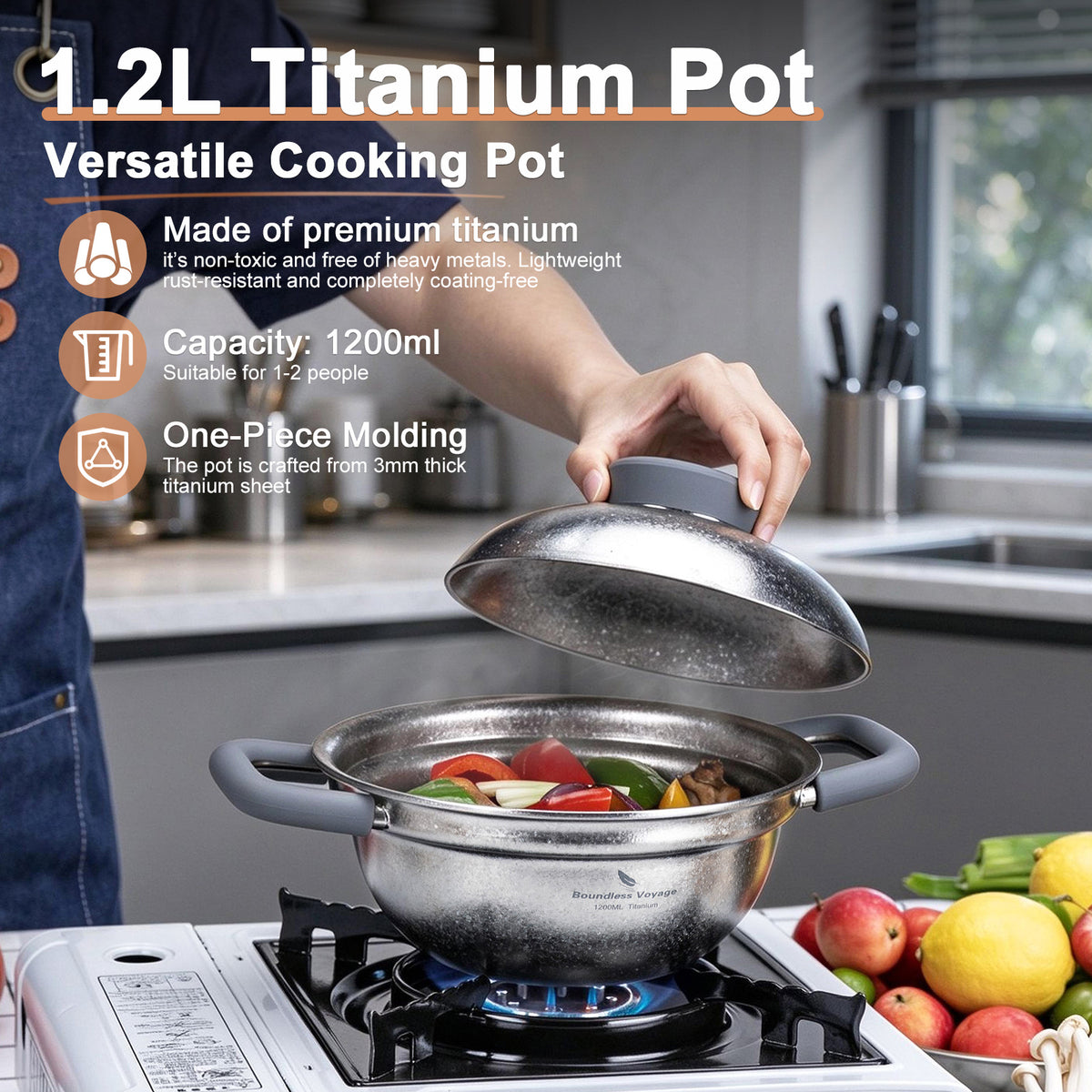 Boundless Voyage 1200ml Pure Titanium Cooking Pot with Lid – 1.2L Non-Coated Soup Pot for Camping, Hot Pot & Home Cooking