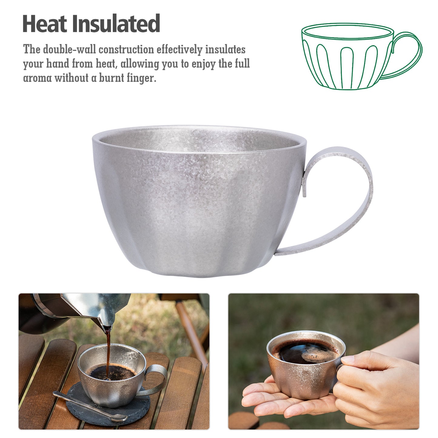 Boundless Voyage 120ml Titanium Double-Wall Espresso Cup with Coffee Spoon – Ultralight, Heat-Insulated Coffee Cup with Fixed Handle for Home Barista, Office, Travel & Camping