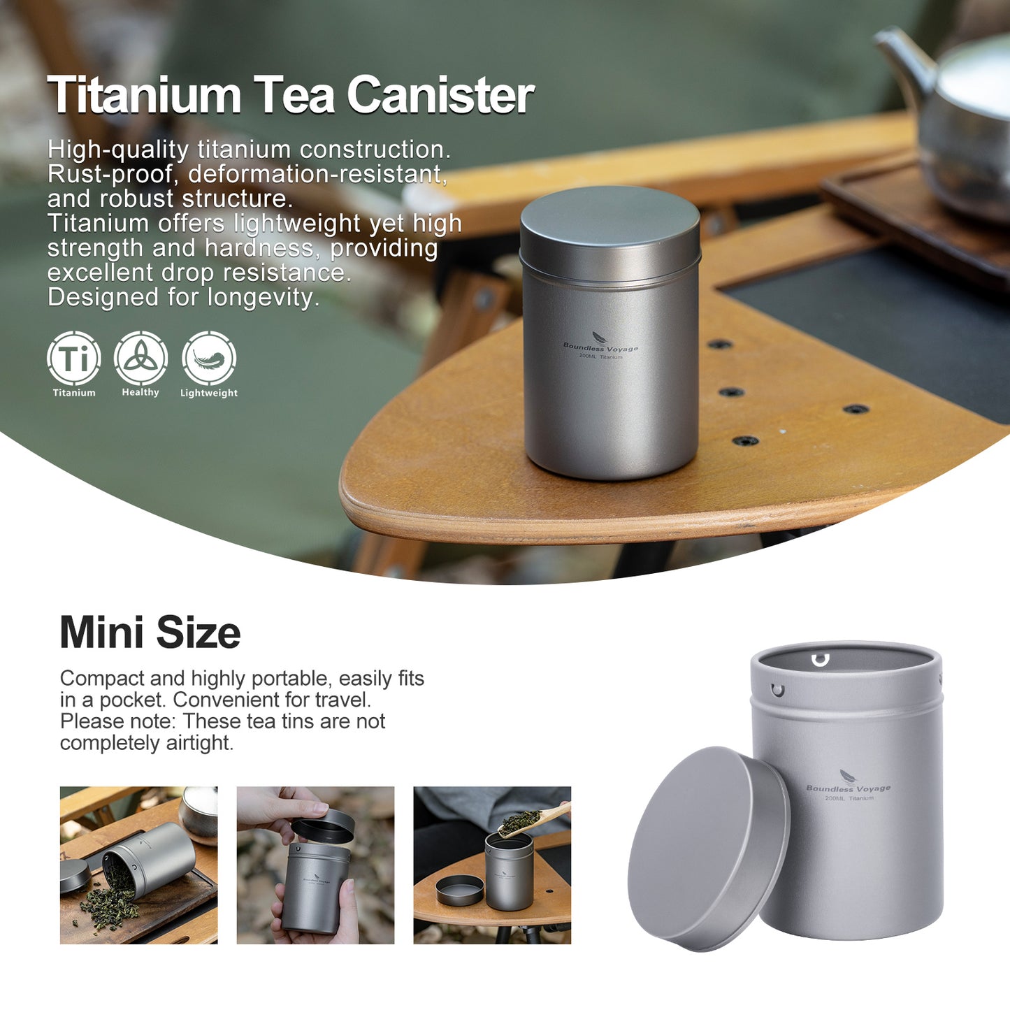 Boundless Voyage TA1 Titanium Tea Caddy Canister – Ultralight Portable Airtight Storage Container for Loose Tea, Coffee, Spices, Beans & Sugar