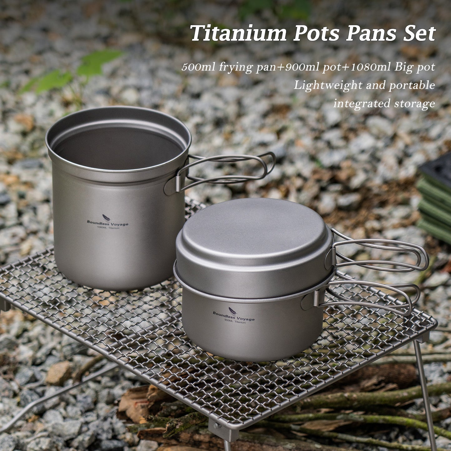 Boundless Voyage Titanium Cookware Set (3-Piece) – Ultralight Camping Pot, Pan & Cooking Set, Nesting TA1 Titanium Gear for Backpacking, Hiking & Outdoor Cookin