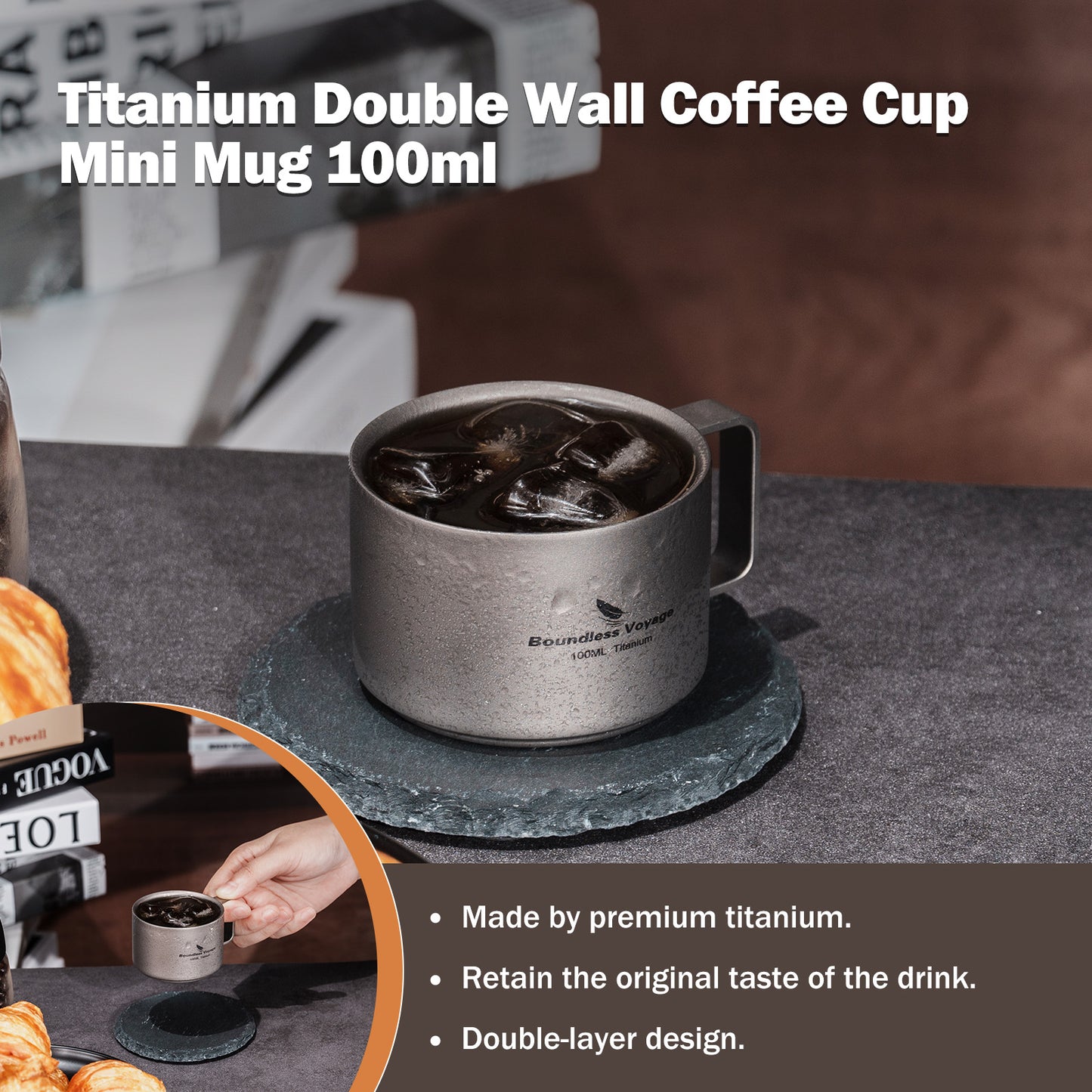 Boundless Voyage Titanium Double Wall Coffee Cup 100ml For Home Outdoor Camping Lightweight