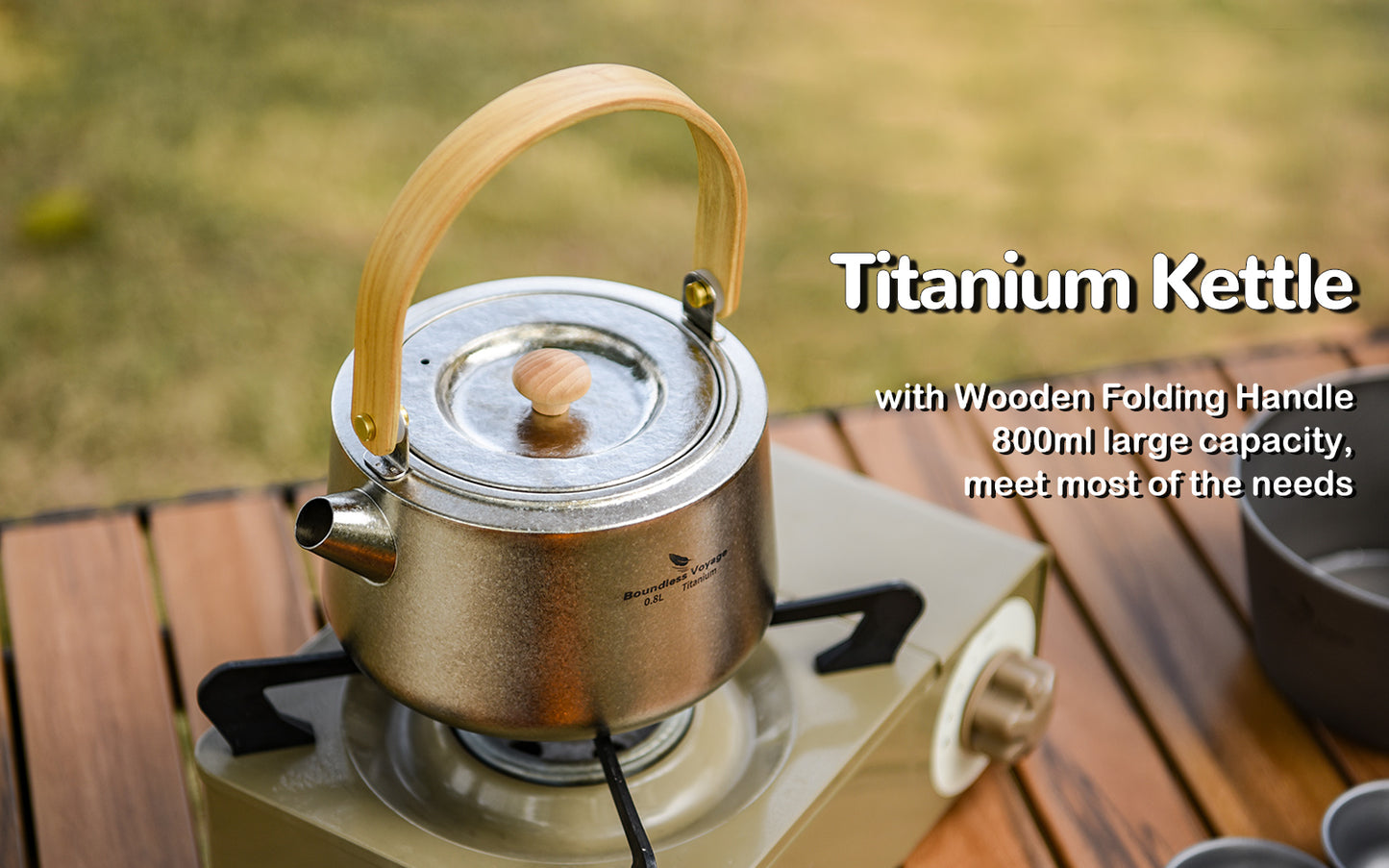 Boundless Voyage 800ml Crystallized Titanium Kettle | Ultralight Teapot with Anti-Scald Wooden Handle | Premium Tea & Coffee Pot for Camping