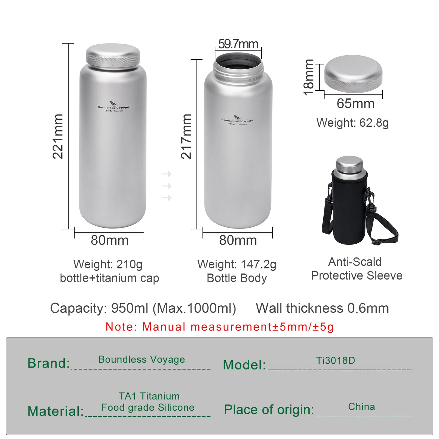 Boundless Voyage 950ml Titanium Water Bottle with Lids – TA1 Ultralight Wide Mouth Canteen for Hiking, Camping & Travel