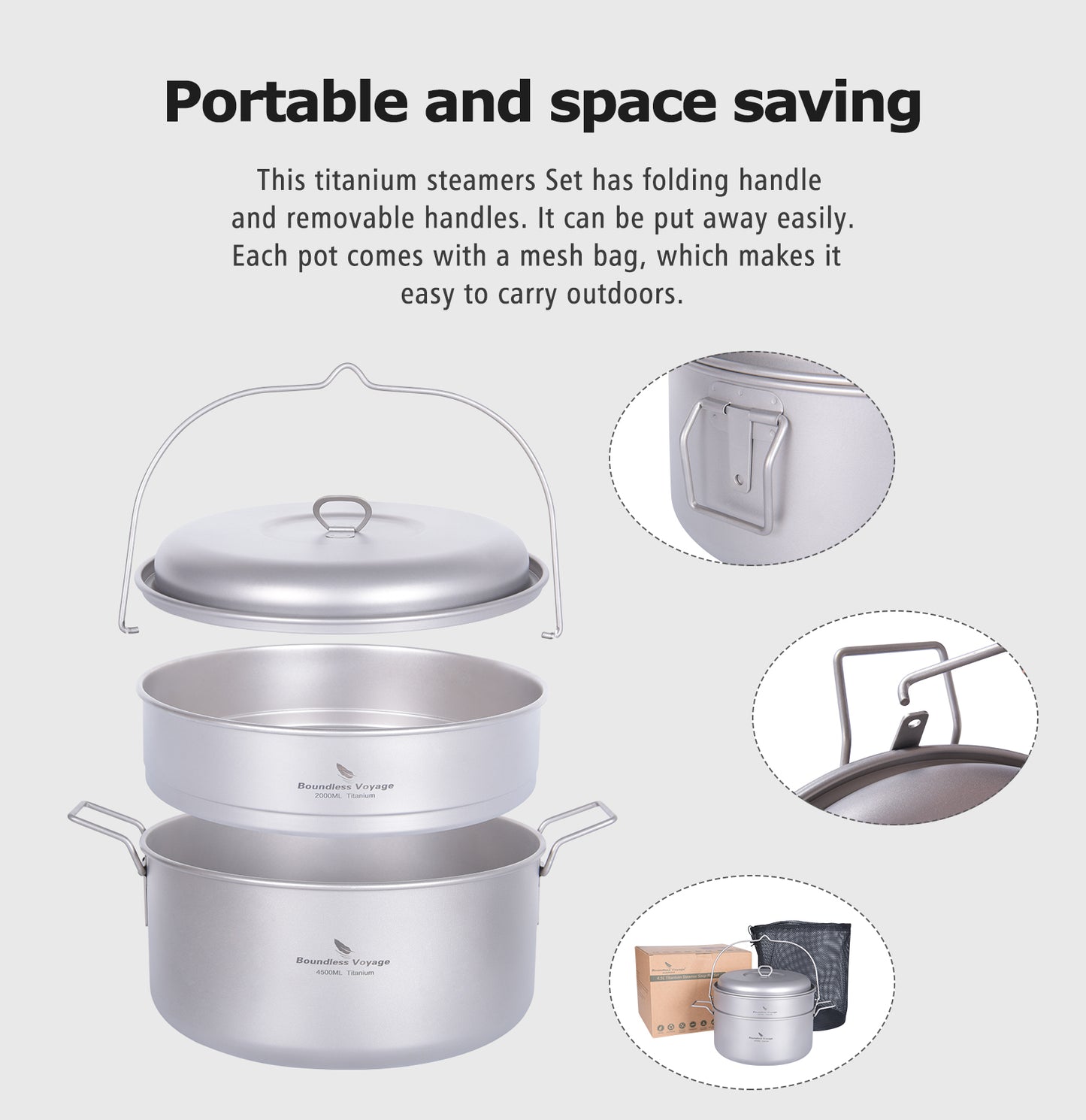 Boundless Voyage Titanium Steamer Soup Pot 4.5L +2L Outdoor Camping Cookware Lightweight Picnic Hiking Hanging Pot Portable Travel Household Kitchenware Cooking Kit Hot Pot For 3-5 Person