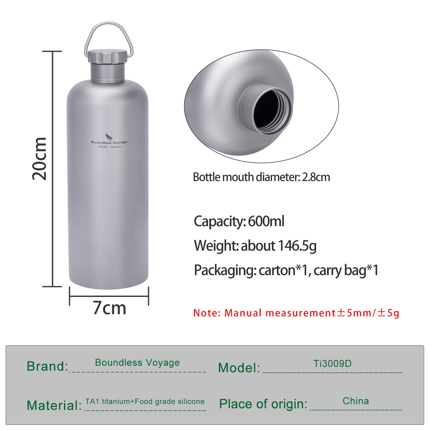 Boundless Voyage Titanium Water Bottle 600ml Ultralight Leak-Proof Lid, Durable & Corrosion Resistant, for Hiking, Camping, Travel & Everyday Use