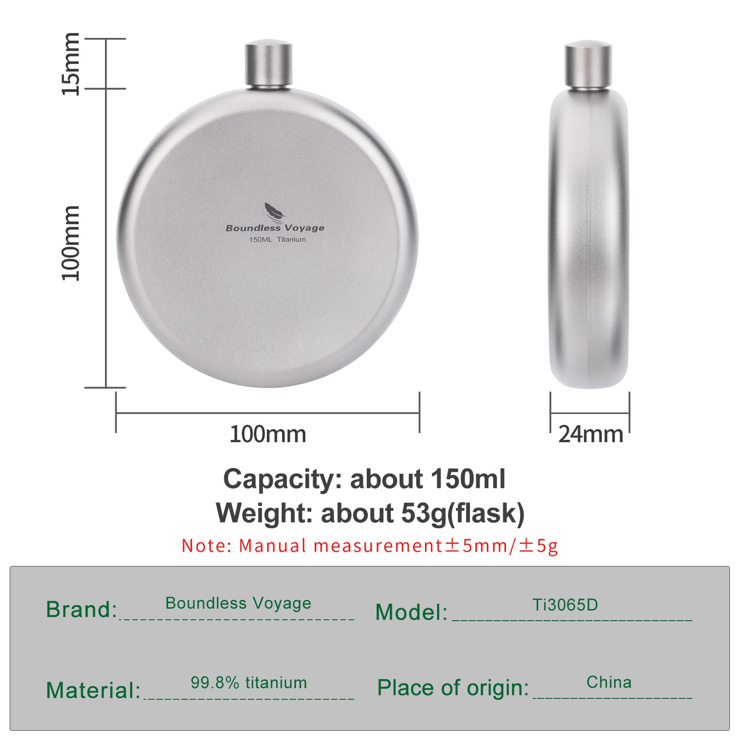 Boundless Voyage Camping Titanium Hip Flask Portable Round Wine Bottle With Funnel Whiskey Alcohol Drink ware Accessories