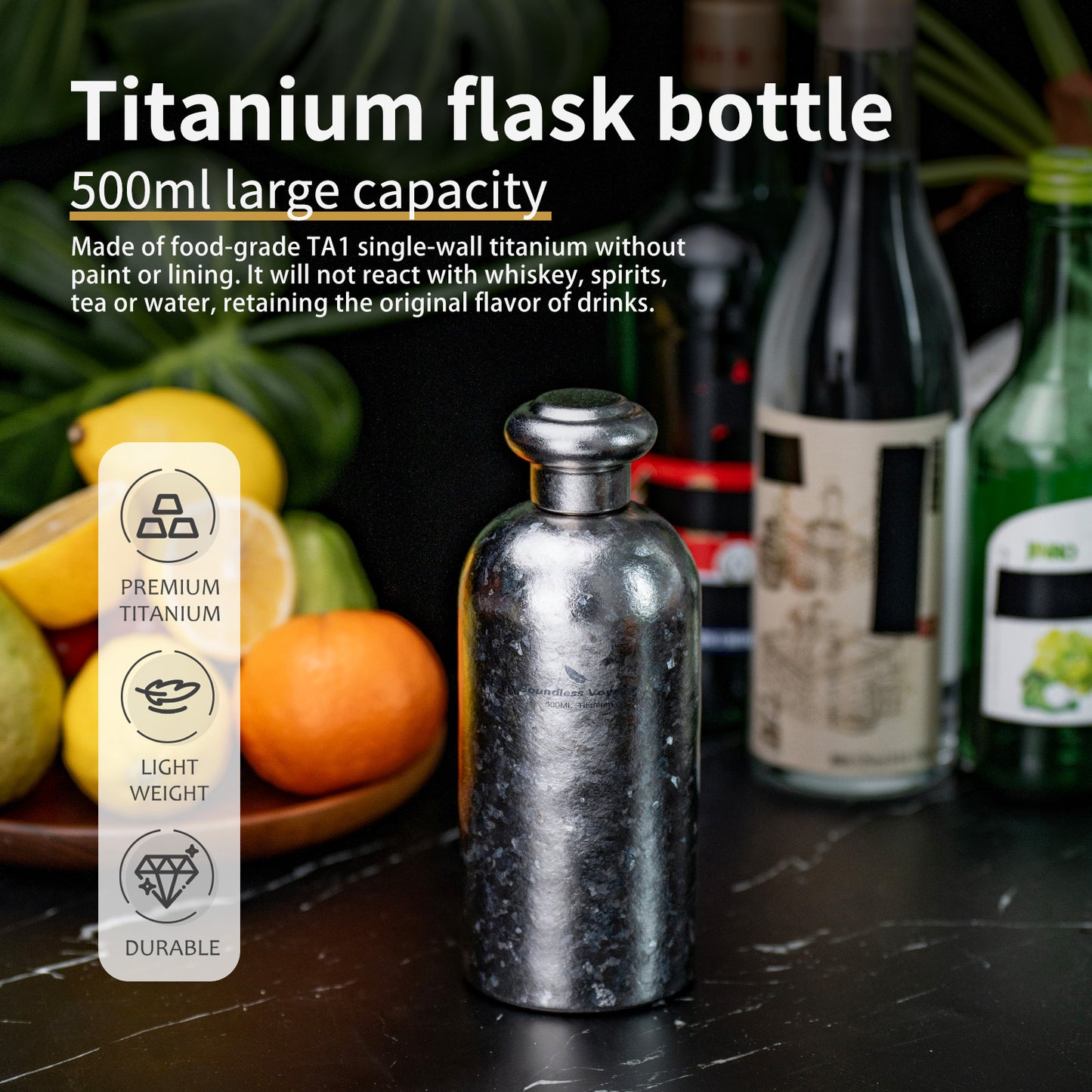 Boundless Voyage 500ml Titanium Hip Flask – Coating-Free Leakproof Liquor Bottle for Camping, Hiking & Travel