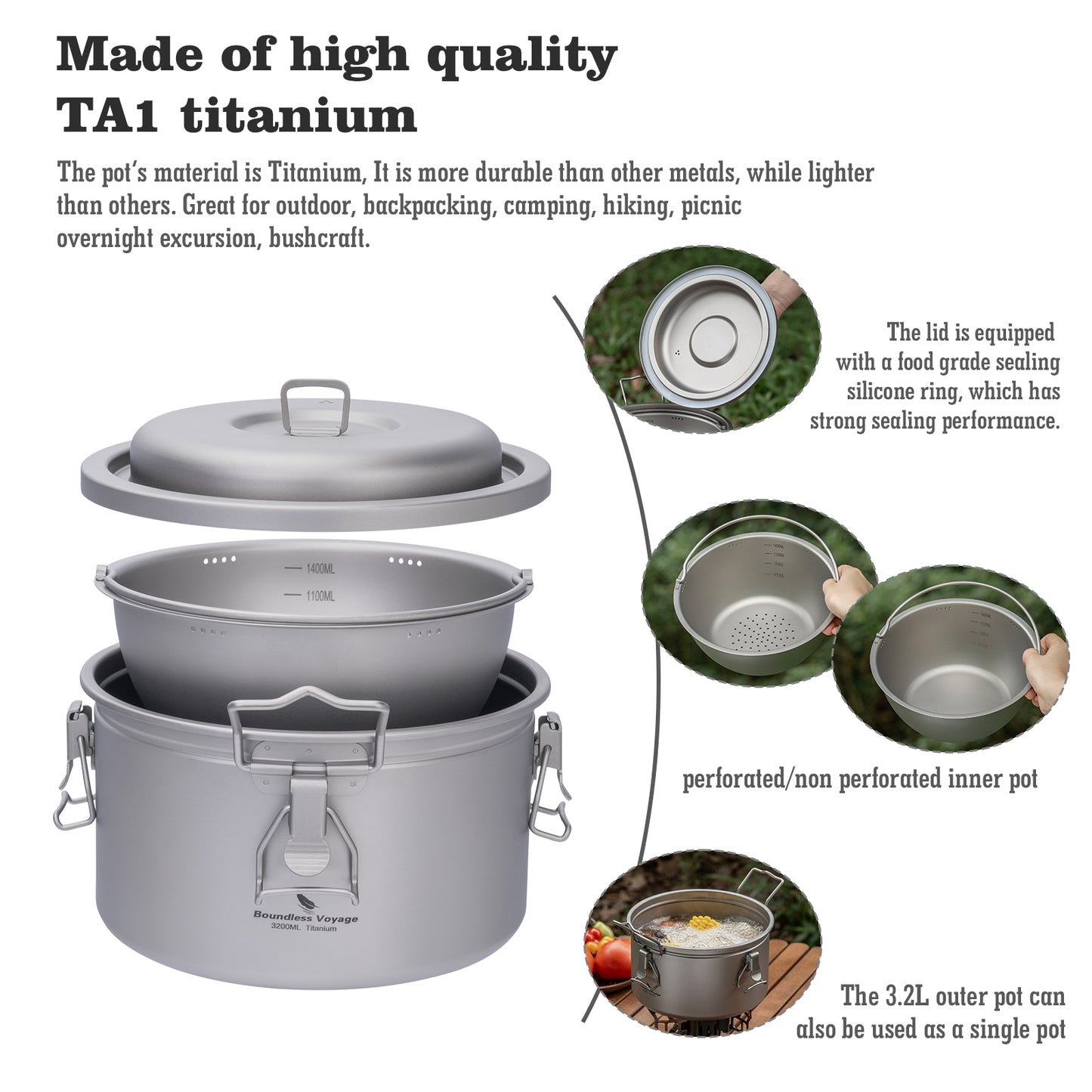 Boundless Voyage Titanium Camping Pot 3.2L  Ultralight Multifunctional Rice Cooker with Perforated Inner Liner for Hiking  Travel