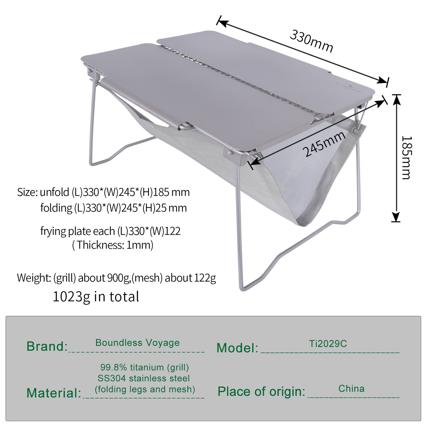 Boundless Voyage Titanium Folding Campfire Grill 2 in 1 Portable Grill Camping Table with Frying Plate & Folding Legs Outdoor Picnic Backpacking BBQ Charcoal Collapsible Grilled Net