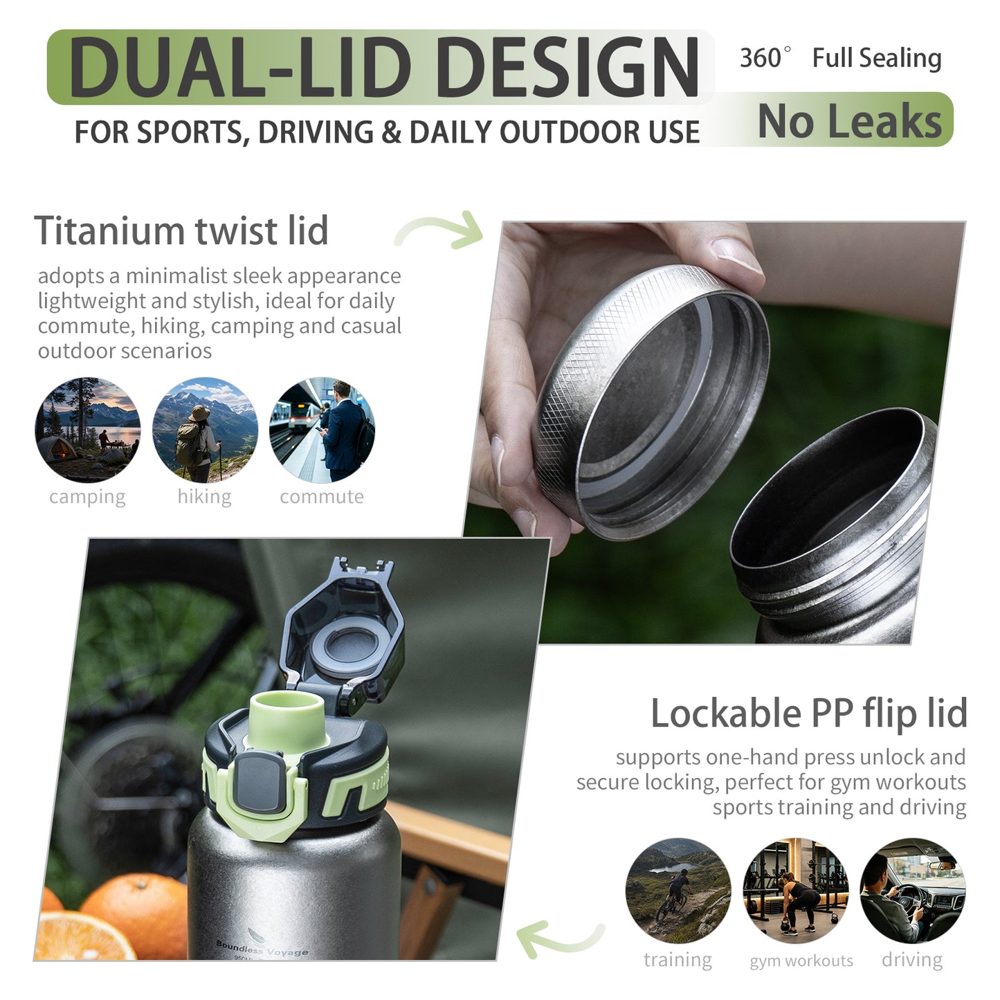 Boundless Voyage 950ml Titanium Water Bottle with Lids – TA1 Ultralight Wide Mouth Canteen for Hiking, Camping & Travel