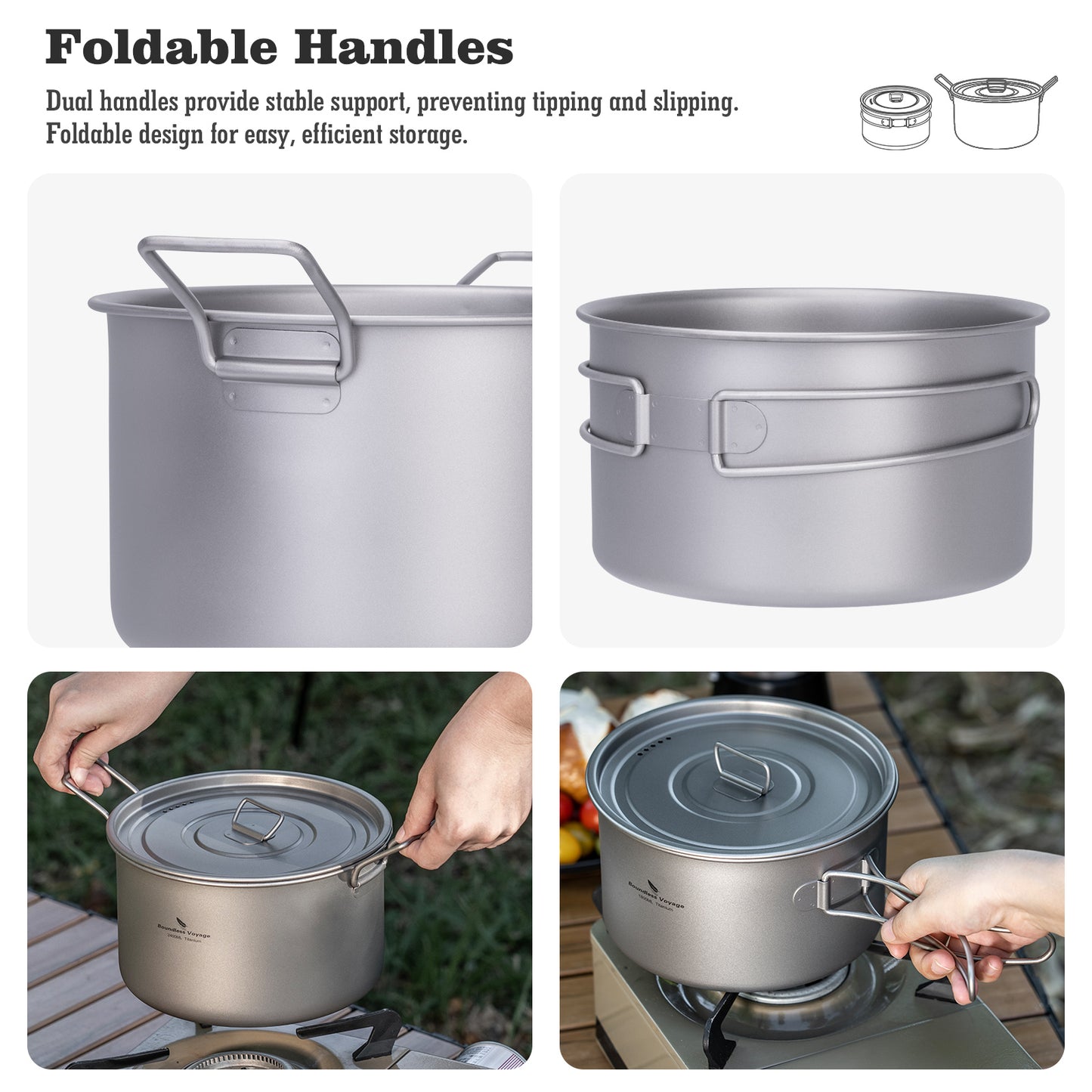 Boundless Voyage Titanium Cookware Set 3-Piece (1.2L/1.8L/2.4L) – Ultralight Camping Pots Set, Nesting Titanium Cooking Kit for Backpacking, Hiking & Outdoor Cooking