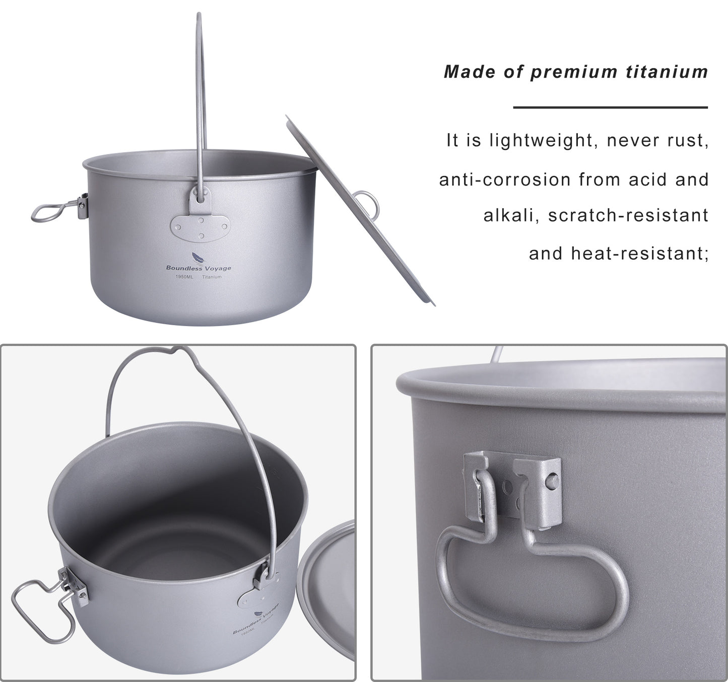 Boundless Voyage 1300ml TA1 Titanium Camping Pot with Lid – Ultralight Folding-Handle Cookware for Hiking, Picnic & Outdoor Soup Cooking