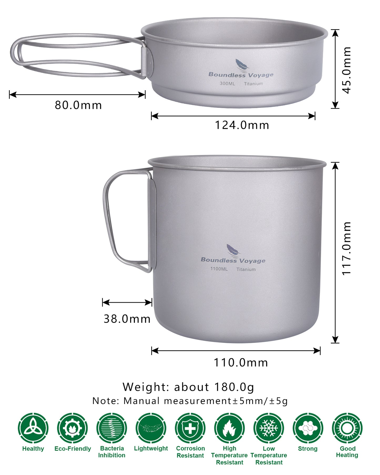 Boundless Voyage Titanium Pot & Pan Set with Folding Handles – Ultralight Camping Cookware Mess Kit for Hiking, Picnic & Outdoor Tableware