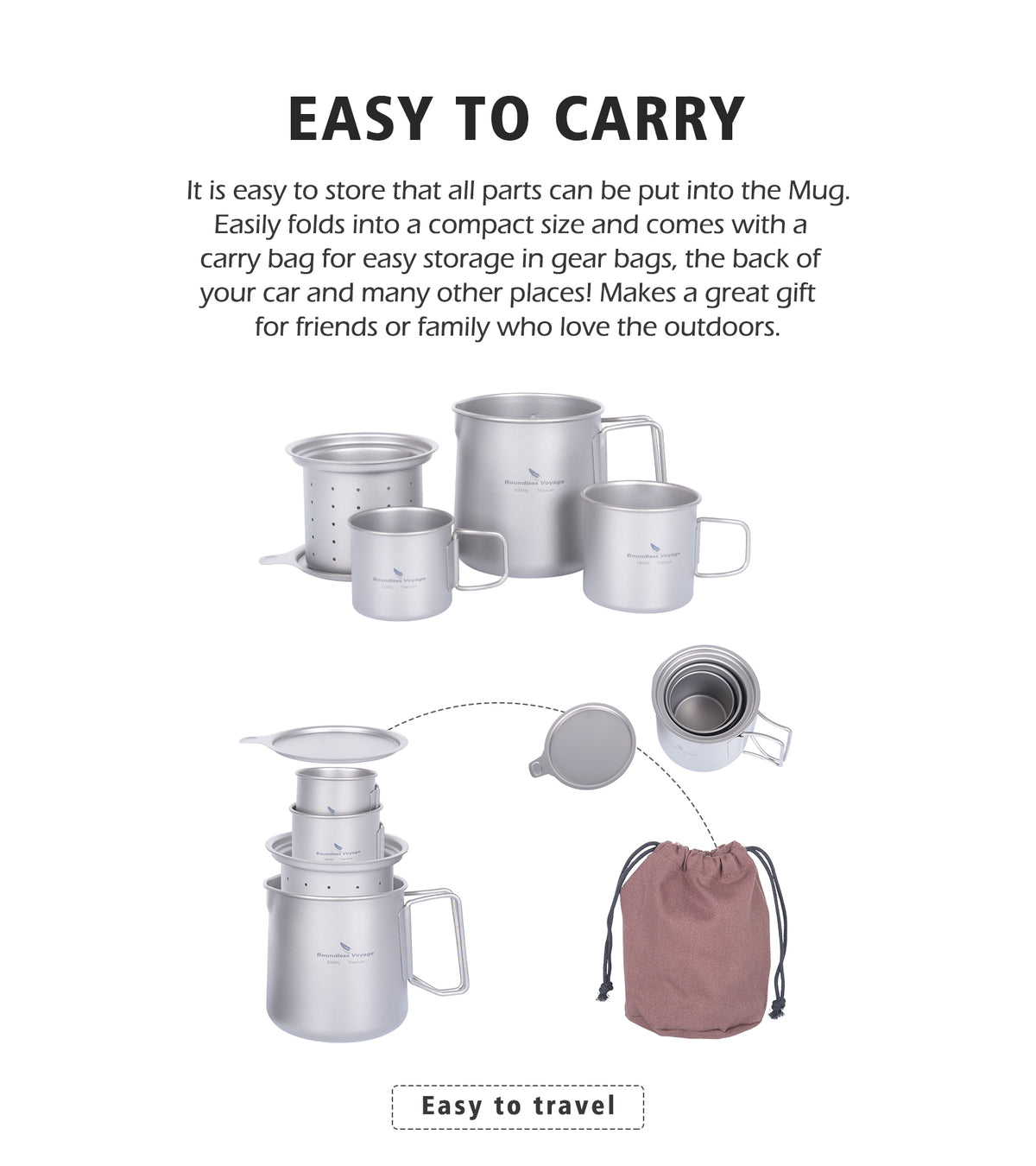 Boundless Voyage 3-Piece Titanium Camping Cup Set – 600ml Mug with 180ml & 120ml Cups, Ultralight Backpacking Tea & Coffee Set