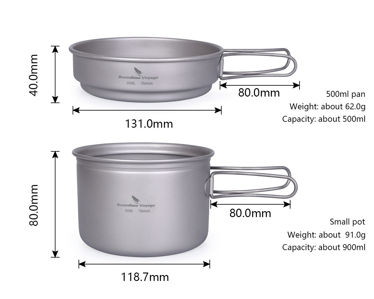 Boundless Voyage Outdoor Titanium Pot Pan Set 500ml+900ml with Lid Folding Handle Camping Hiking Picnic Ultralight Tableware