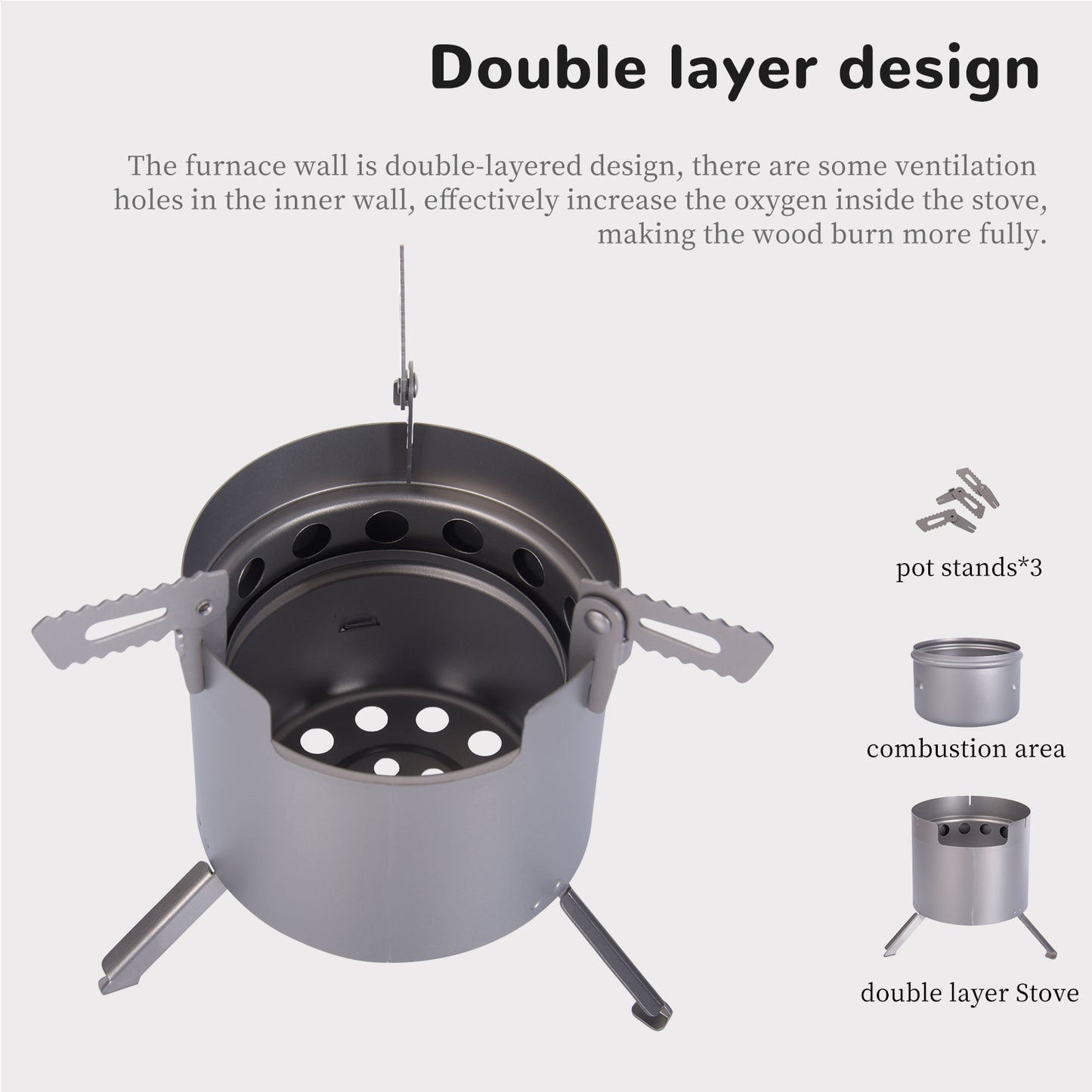 Boundless Voyage Camping Titanium Wood Stove With Removable Pot Stands Folding Legs Outdoor Double-wall Furnace