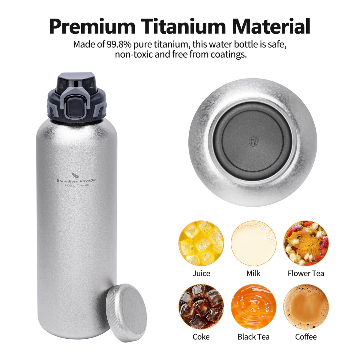 Boundless Voyage 1500ml Titanium Water Bottle – Lightweight Leak-Proof 1.5L Bottle with 2 Lids for Camping, Hiking, Travel & Gym