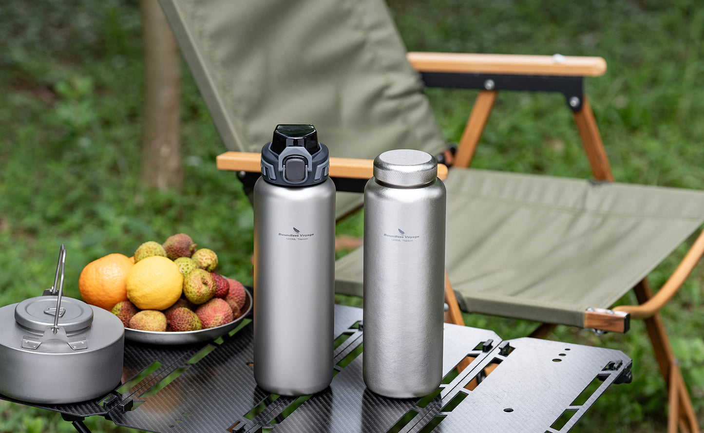 Boundless Voyage 1200ml Titanium Water Bottle with Dual Lids – Wide Mouth Leakproof Outdoor Bottle for Camping, Hiking, Gym & Travel