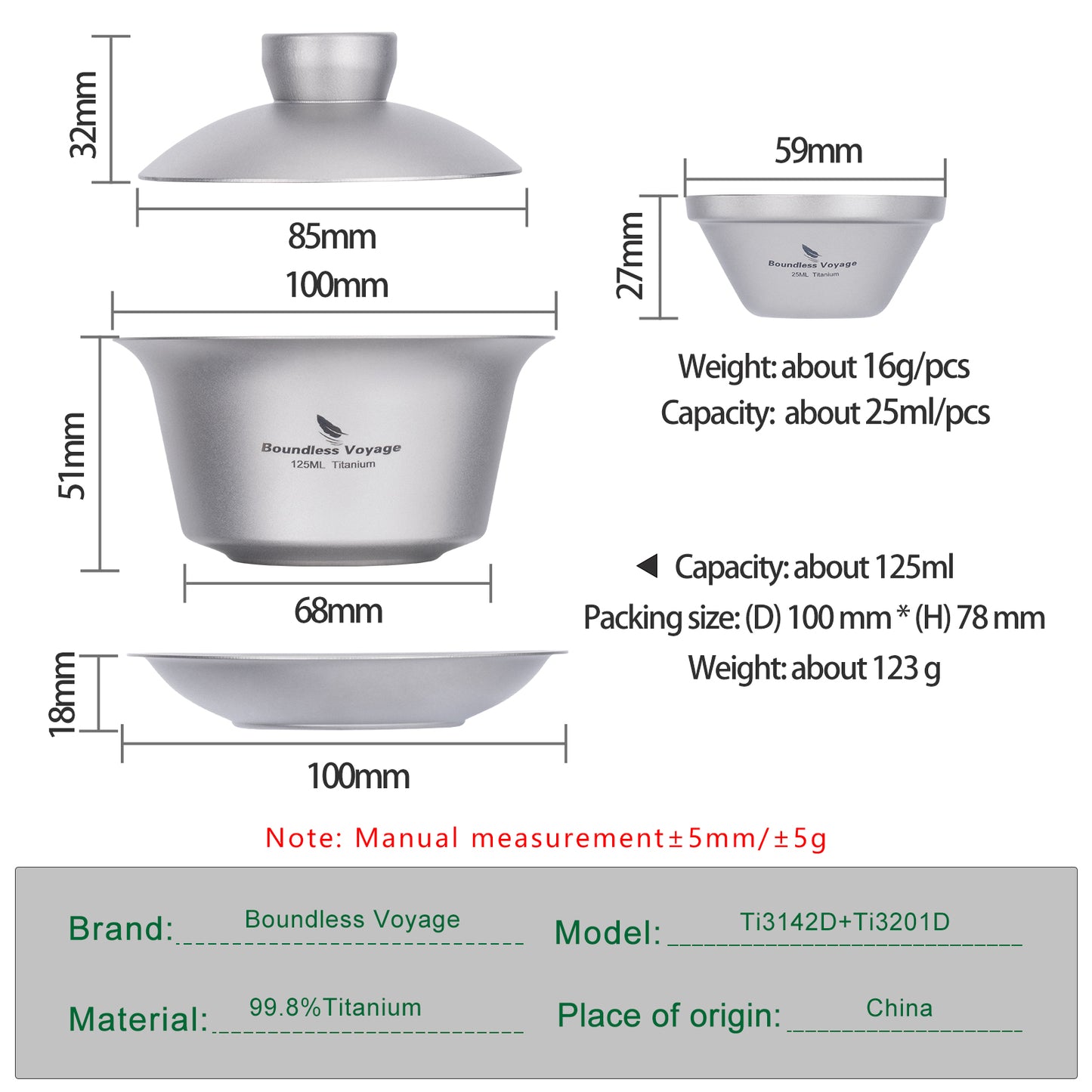 Boundless Voyage Titanium Tea Cup with Lid Traditional Chinese Kung Fu Gaiwan Double-Walled Anti-Scalding Tea Bowl Lightweight Portable Tea Set With 25ml  Cup 3PCS