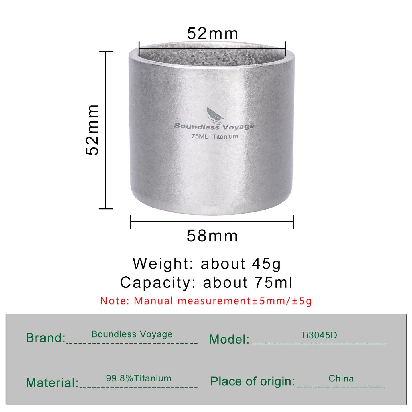 Boundless Voyage 75ml Titanium Double-Wall Mug – Ultralight Heat-Resistant Camping Cup with Storage Bag for Coffee & Tea