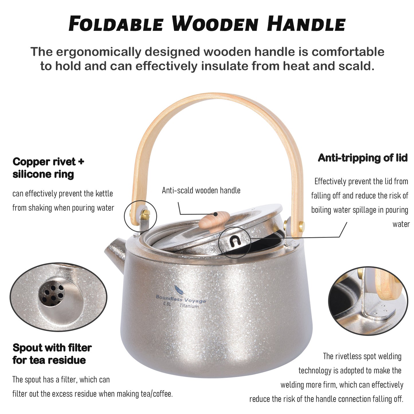 Boundless Voyage 800ml Crystallized Titanium Kettle | Ultralight Teapot with Anti-Scald Wooden Handle | Premium Tea & Coffee Pot for Camping